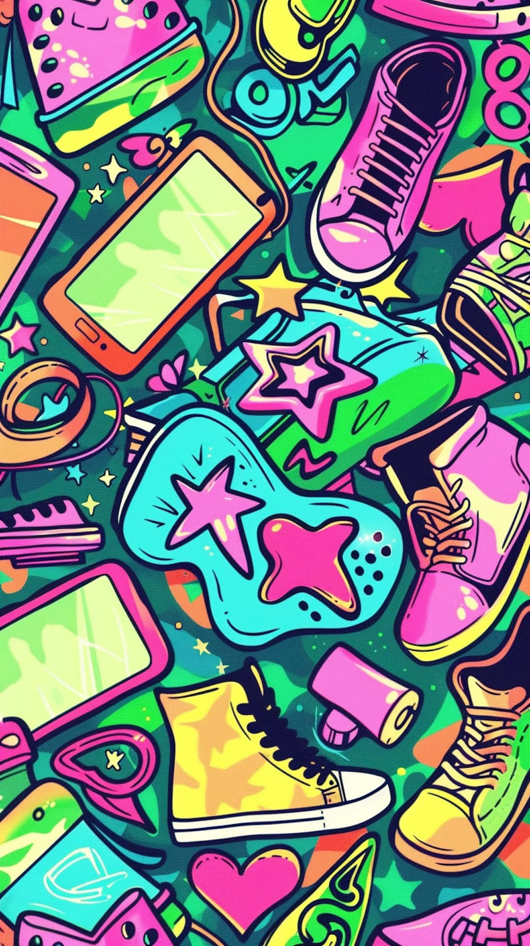 neon-colored, cartoon doodles, sneakers, Full HD Phone Wallpaper