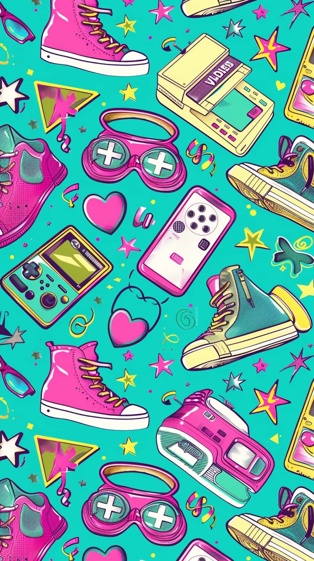 retro gaming, sneaker icons, teal background, Full HD Phone Wallpaper