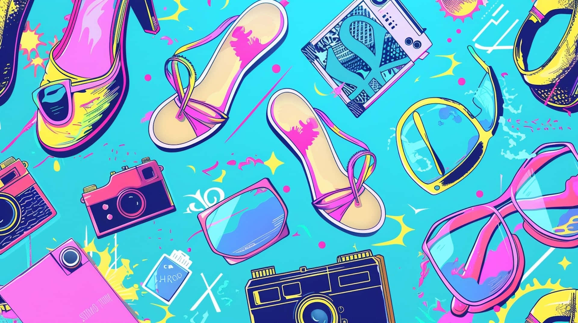00s Summer Fashionand Tech Illustration, bright cyan background, neon splashes, Full HD Desktop Wallpaper