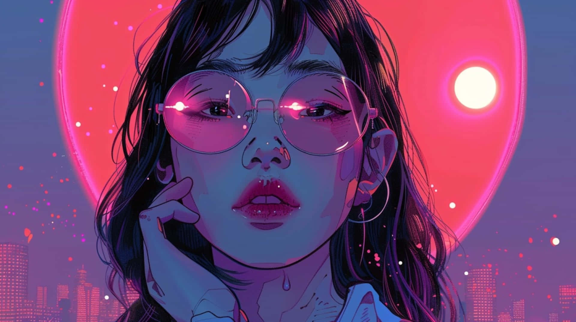 cyberpunk woman, pink glasses, glowing pink heart, Full HD Desktop Wallpaper