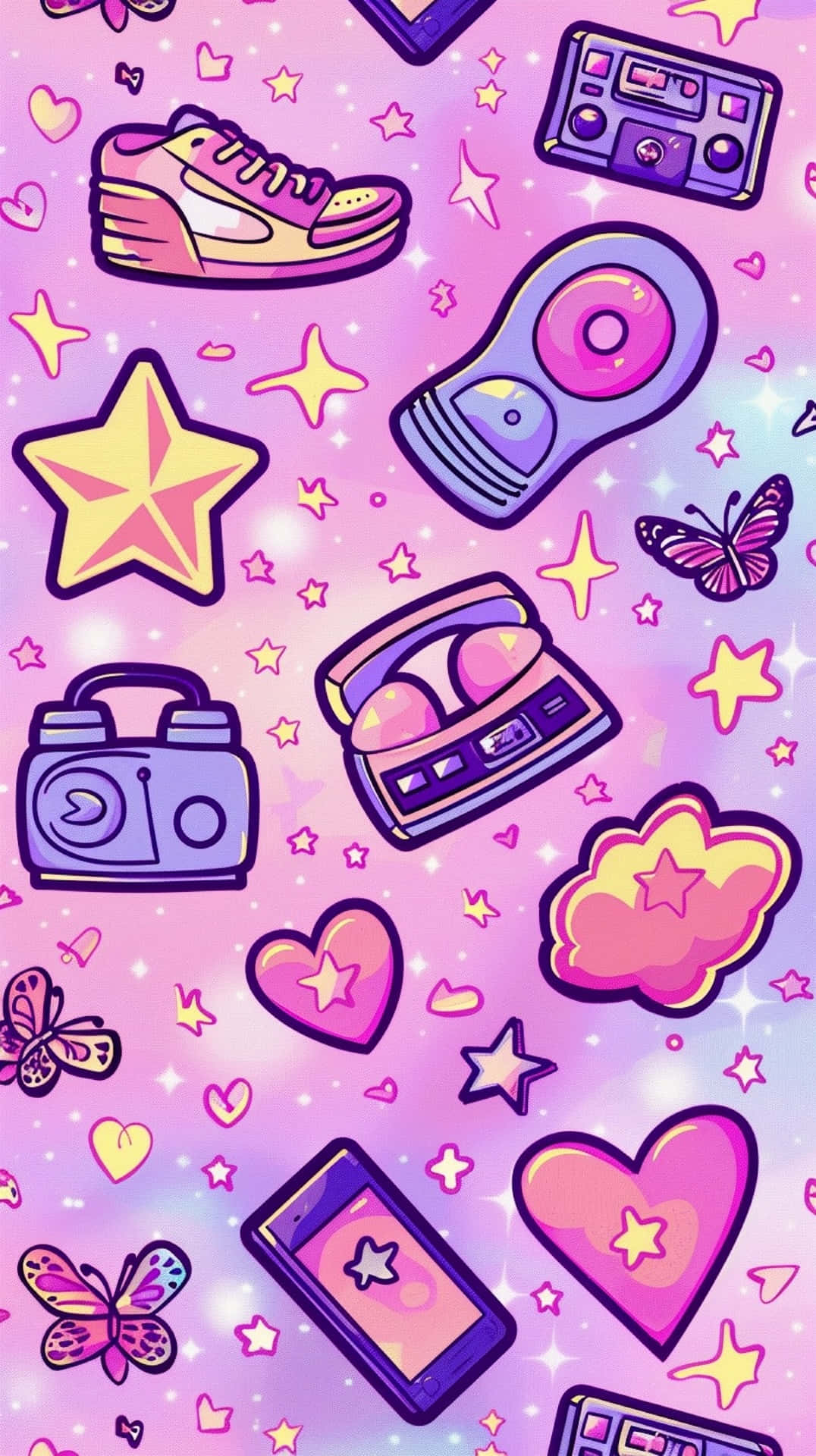 neon pink, purple stars, hearts, Full HD Phone Wallpaper