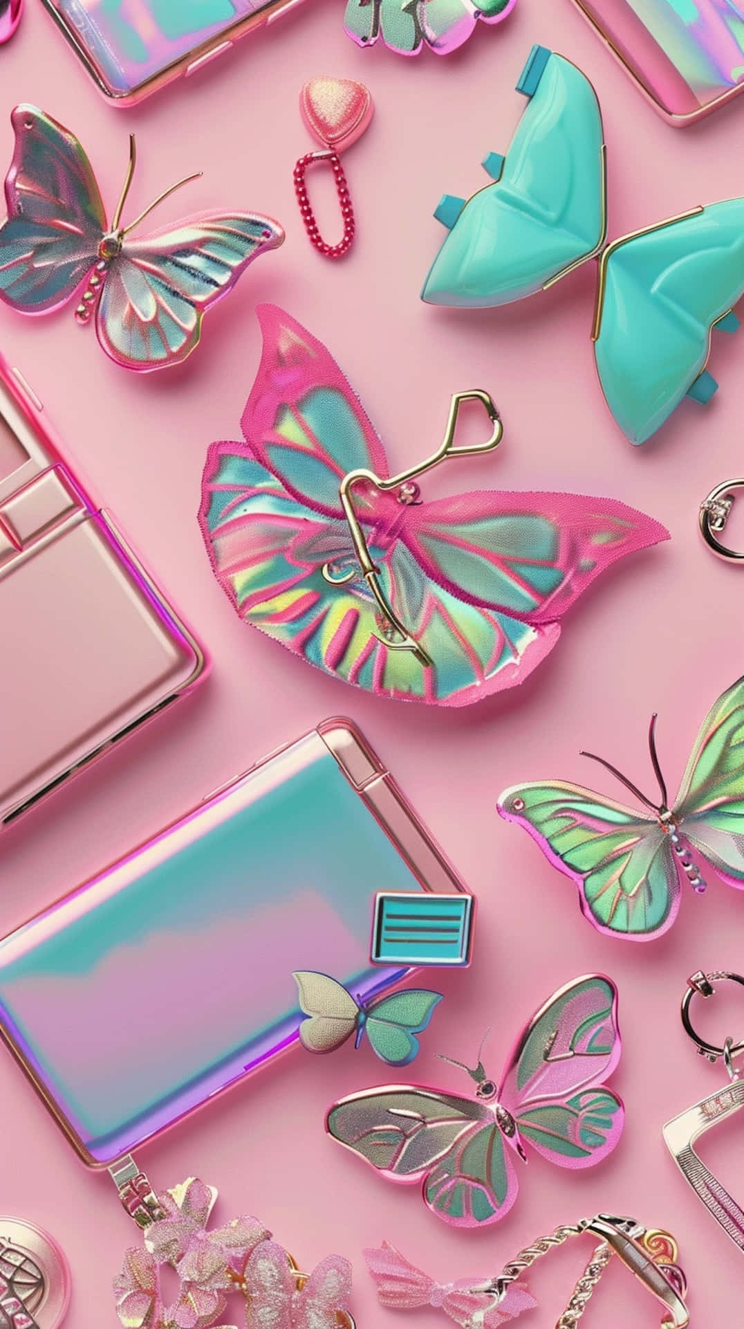 00s Pastel Butterfly Aesthetic, iridescent butterfly-shaped phone cases, soft pink background, Full HD Phone Wallpaper