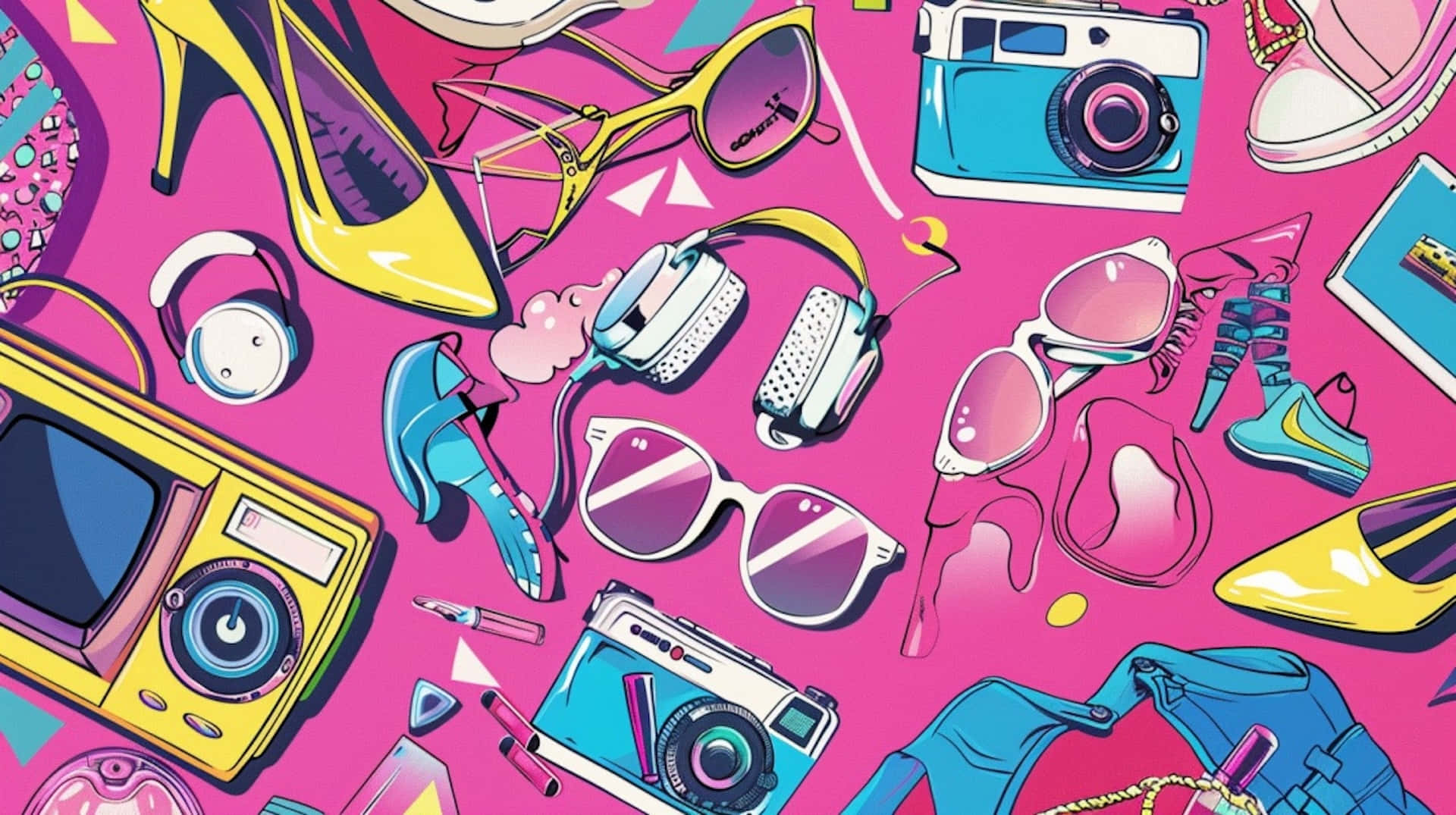 retro pop culture, vibrant pink background, retro gadgets, Full HD Desktop Wallpaper