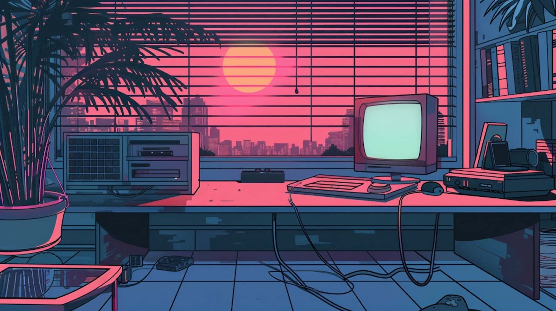 retro-futuristic room, pink sunset light, blinds, Full HD Desktop Wallpaper