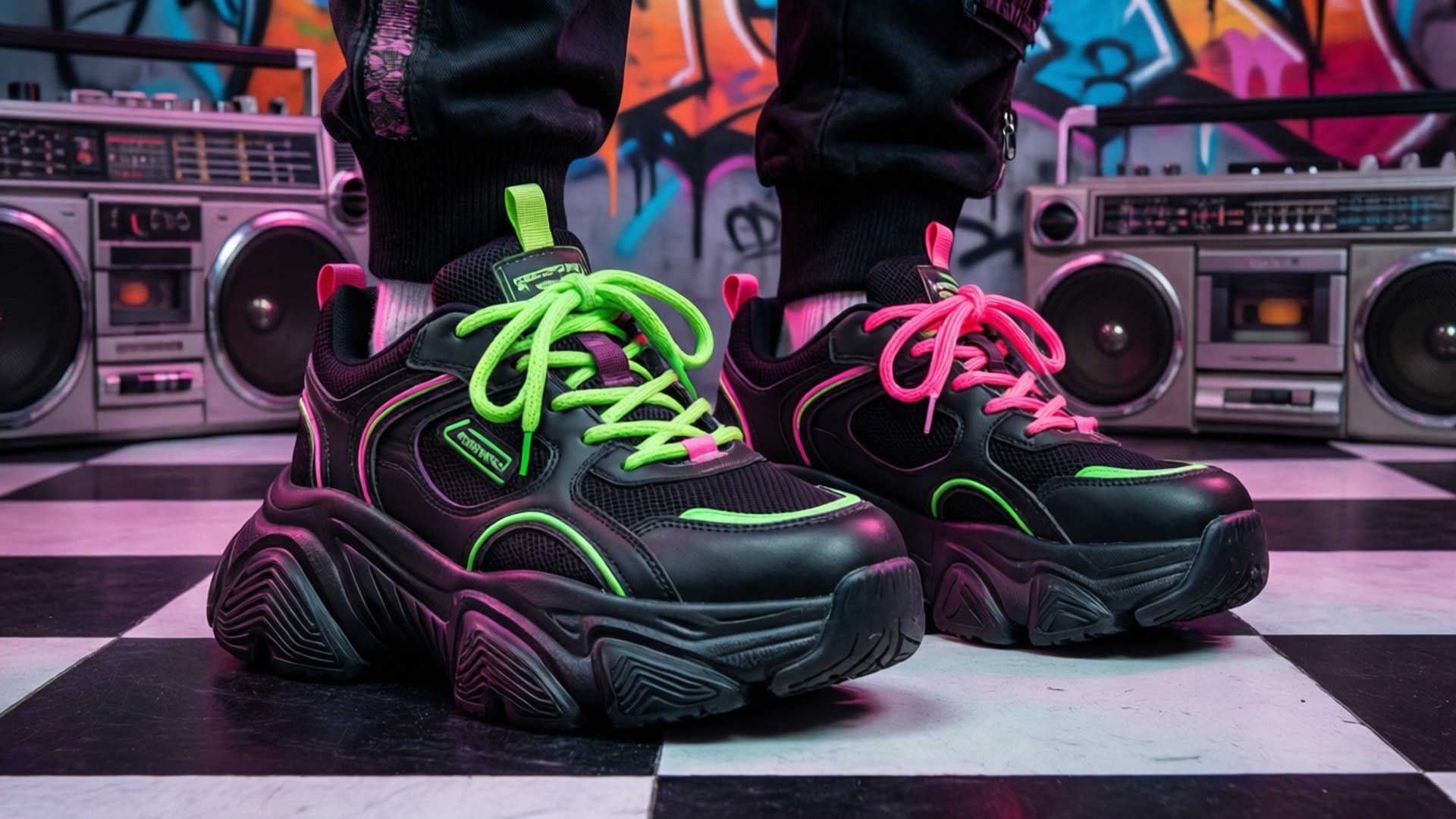 00s Aesthetic, chunky sneakers, graffiti elements, Full HD Desktop Wallpaper