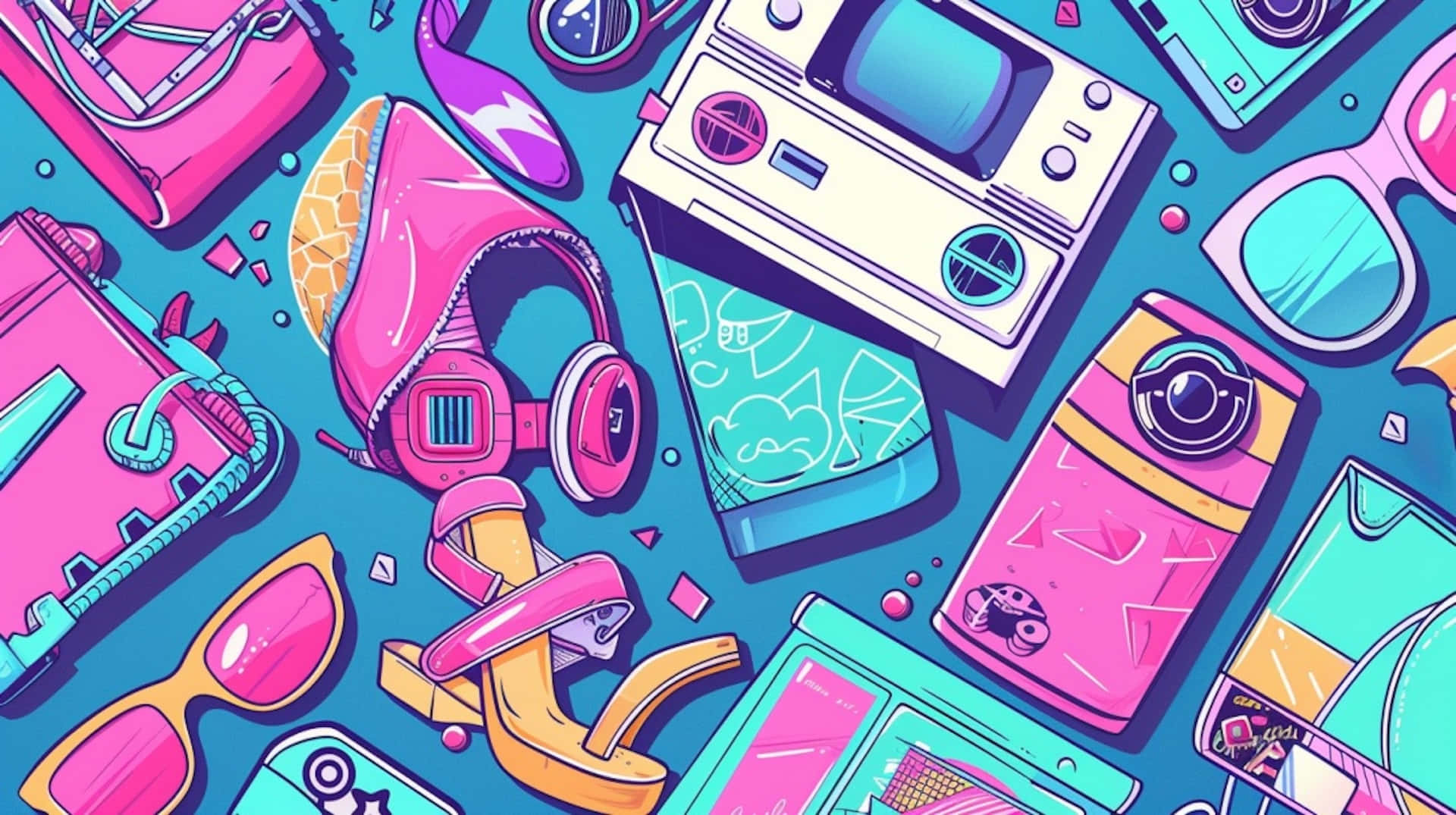 00s Aesthetic, pink headphones, sunglasses, Full HD Desktop Wallpaper