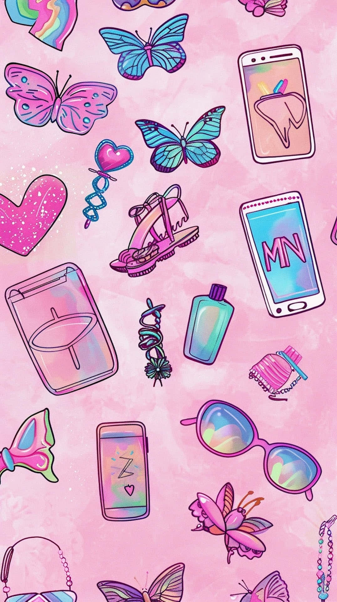 00s Aesthetic Icons Pattern, vibrant pink, cartoon butterflies, Full HD Phone Wallpaper