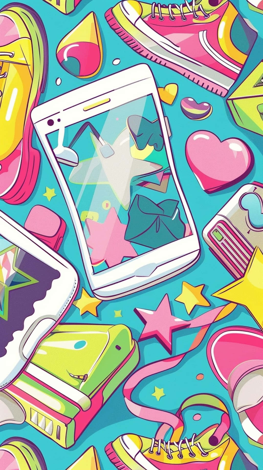 white smartphone, colorful sneakers, hearts, Full HD Phone Wallpaper