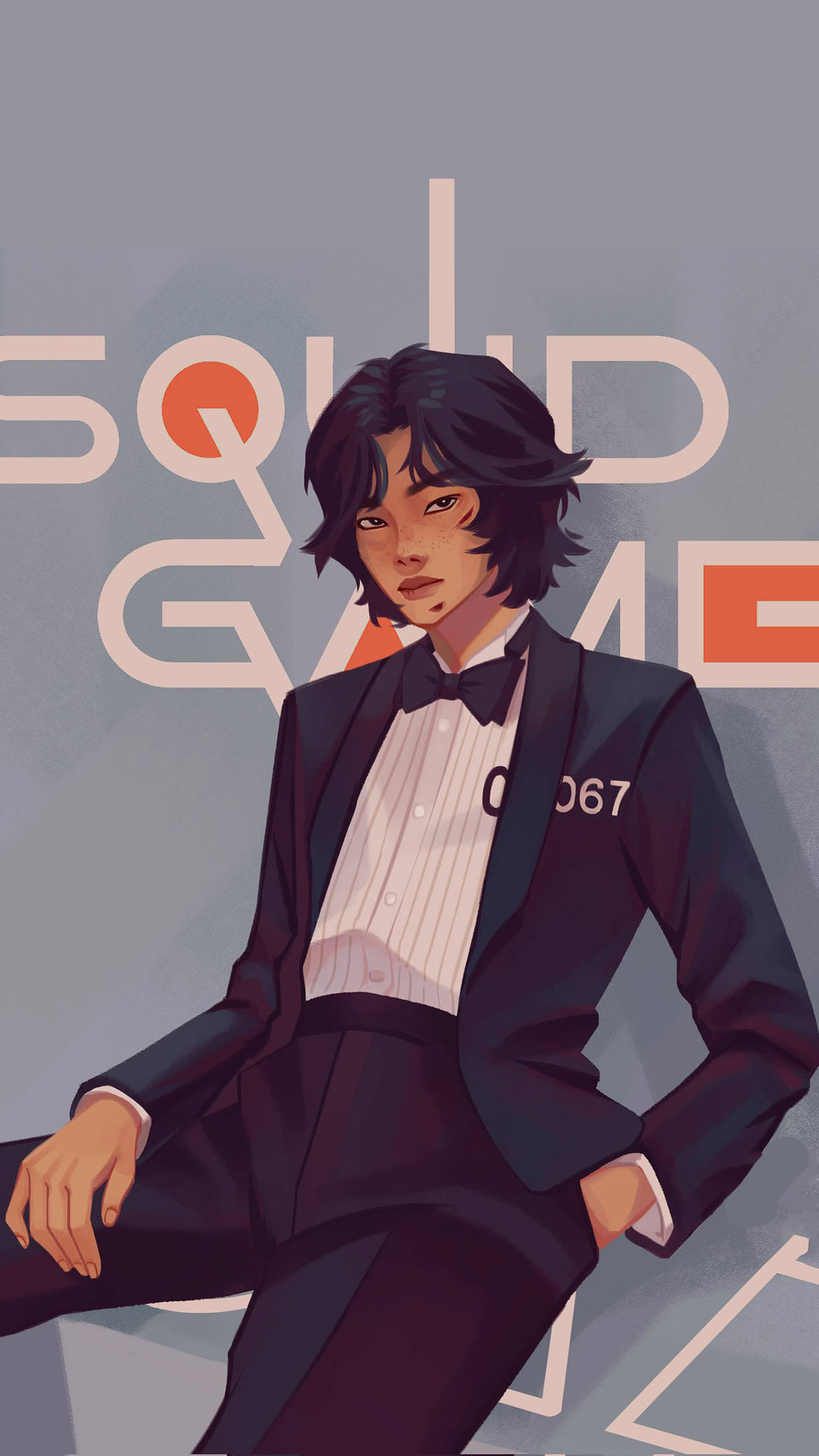 067 Squid Game, black tuxedo, 0067 on the lapel, Full HD Phone Wallpaper
