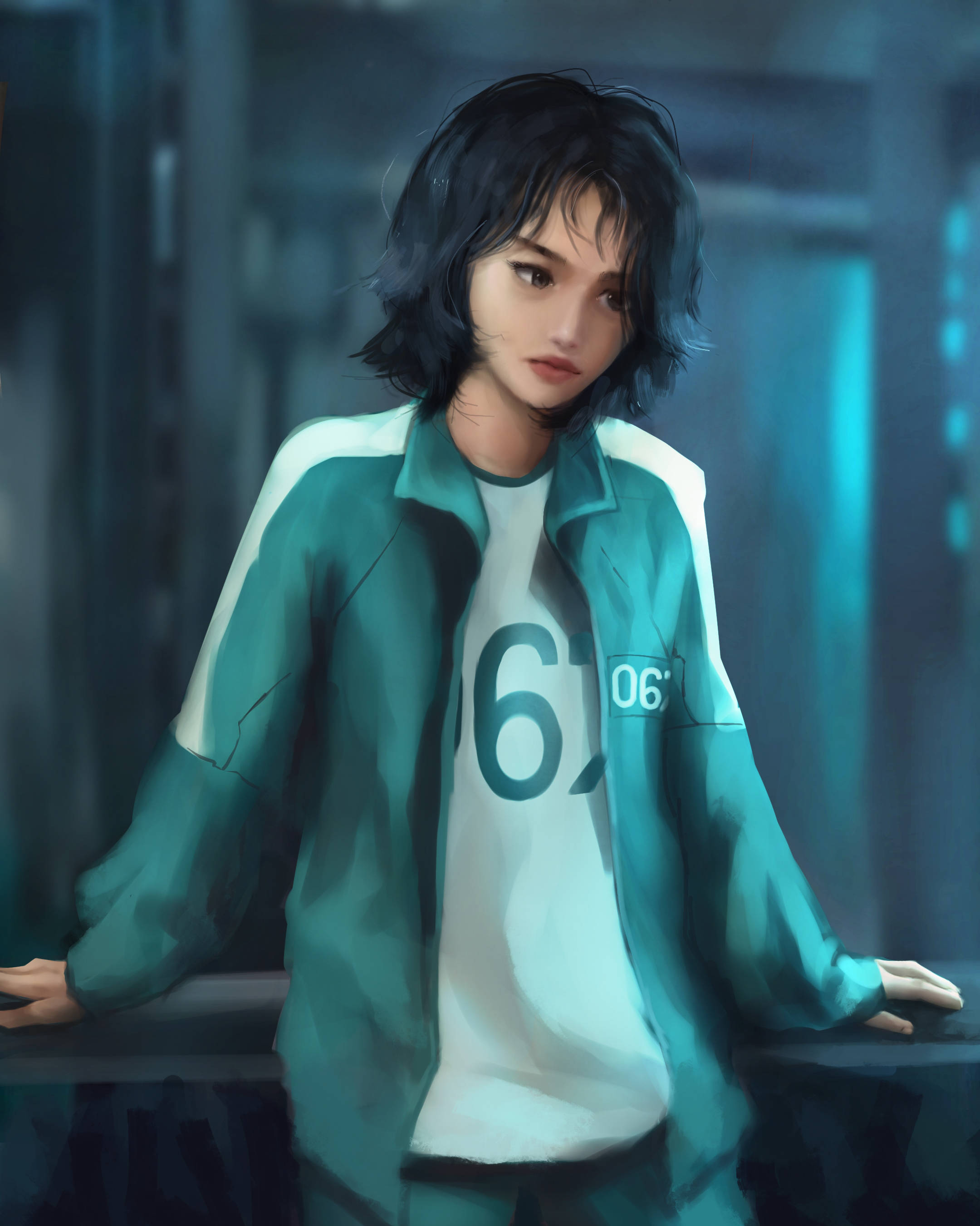 Digital Art Player 067, Squid Game, teal and white numbered jumpsuit, 2K Phone Wallpaper
