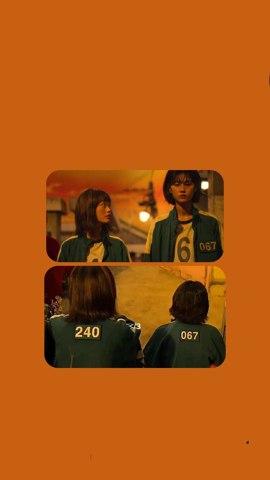 067 Squid Game, orange background, numbered green jackets, Full HD Phone Wallpaper