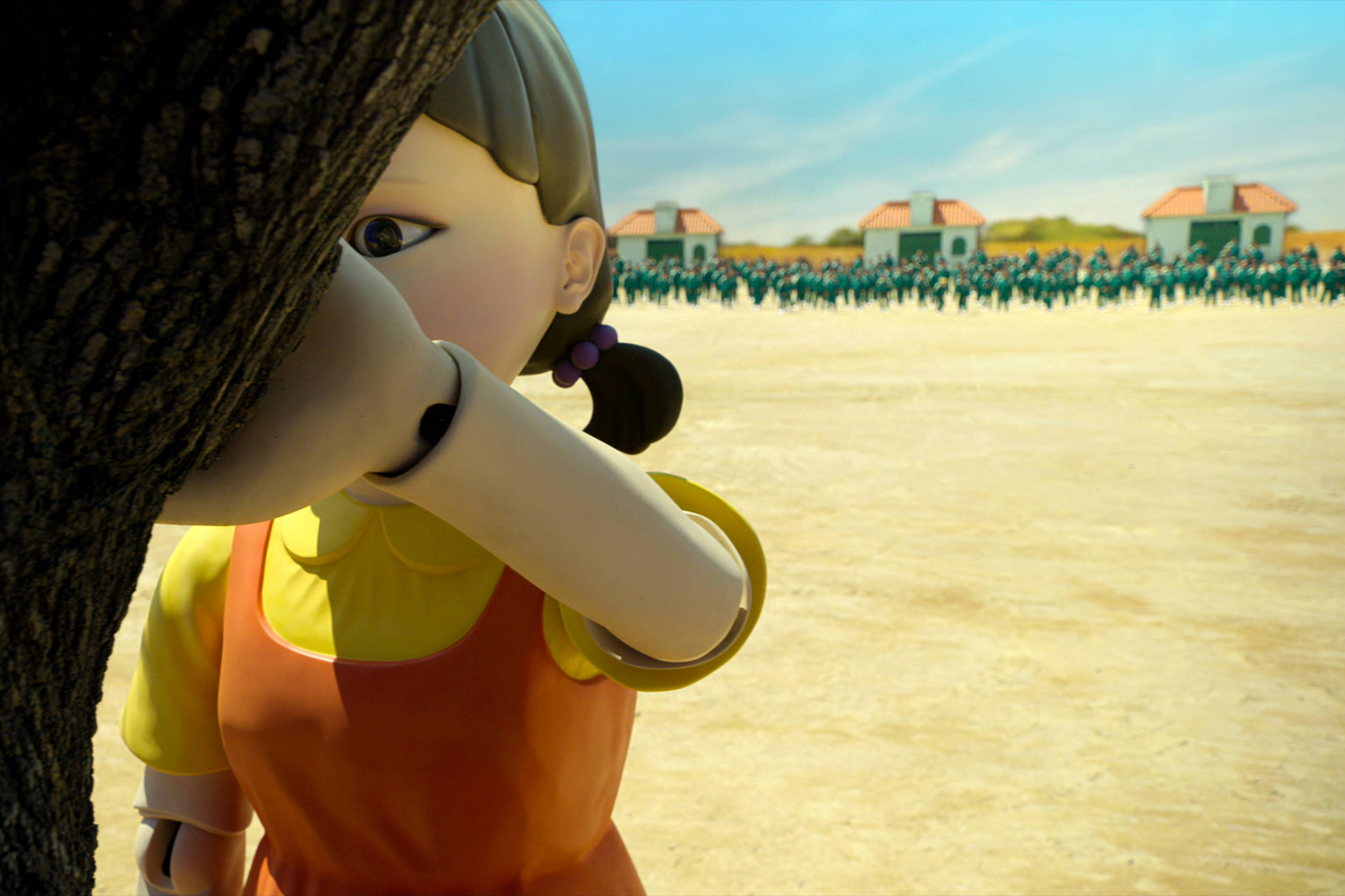 Squid Game, yellow shirt, orange apron, 2K Desktop Wallpaper