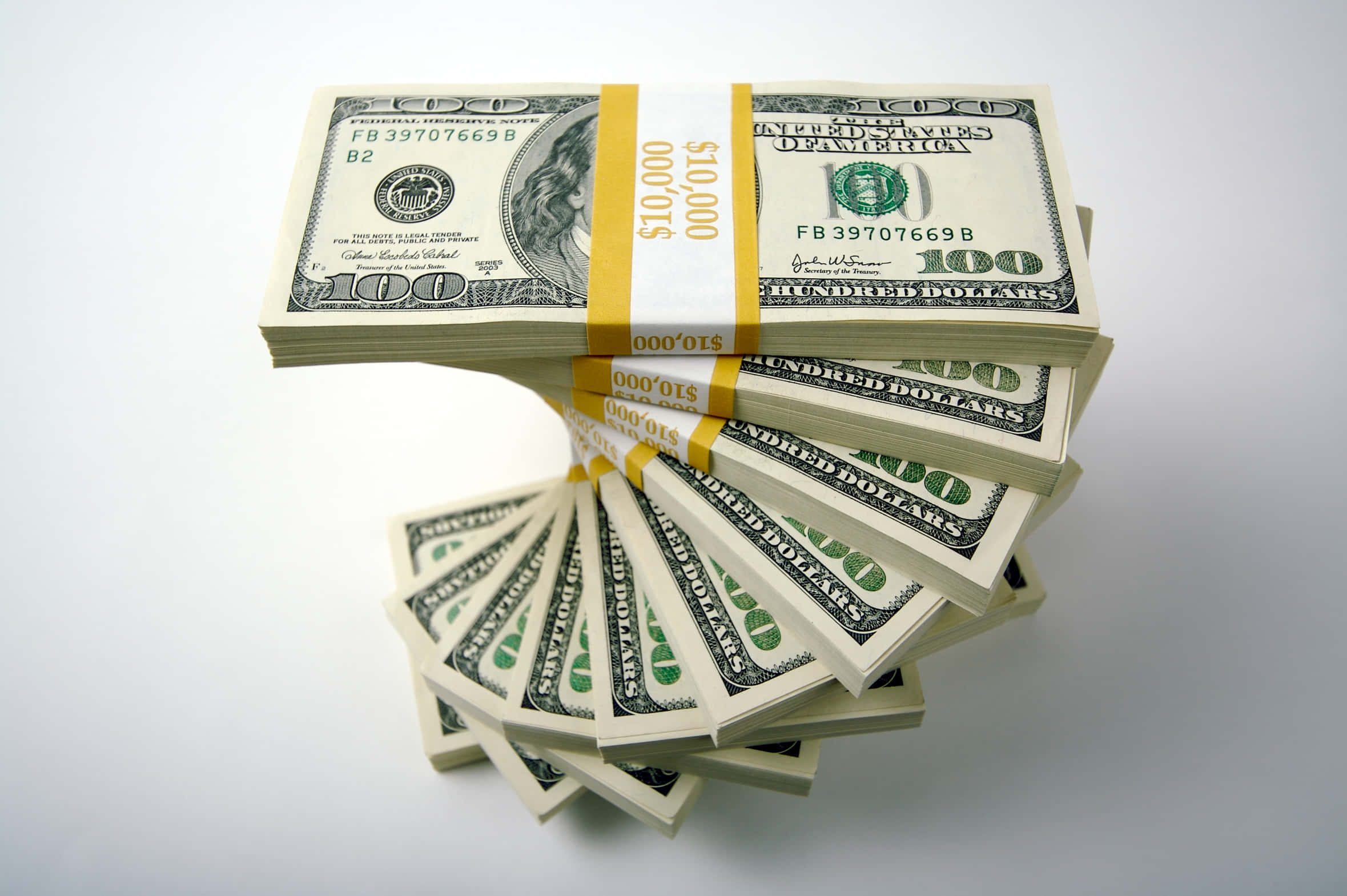 100 Dollar Bill, bundled hundred-dollar bills, plain white background, Full HD Desktop Wallpaper
