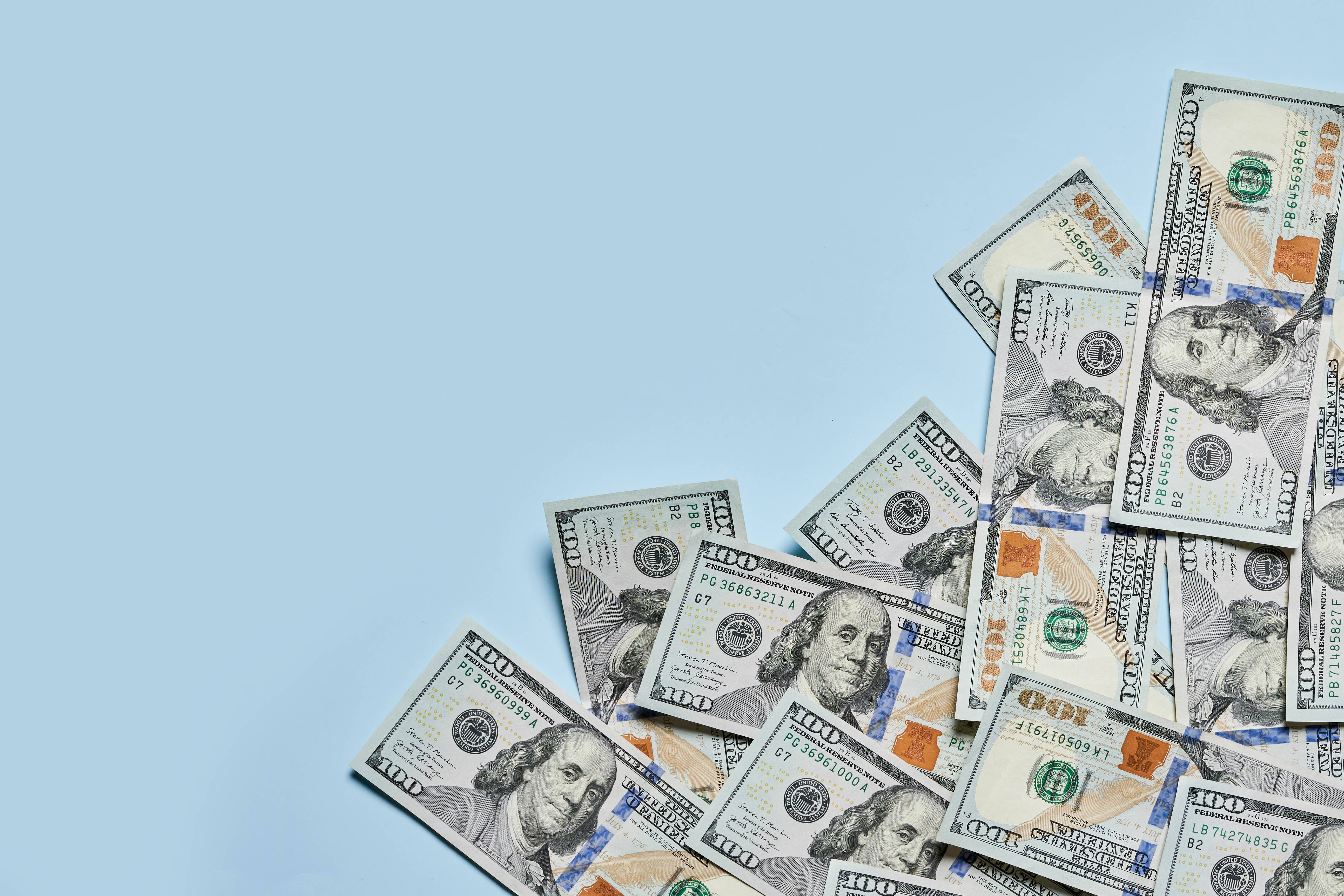 hundred dollar money in blue, one hundred dollar bills, vibrant blue hues, 5K Desktop Wallpaper