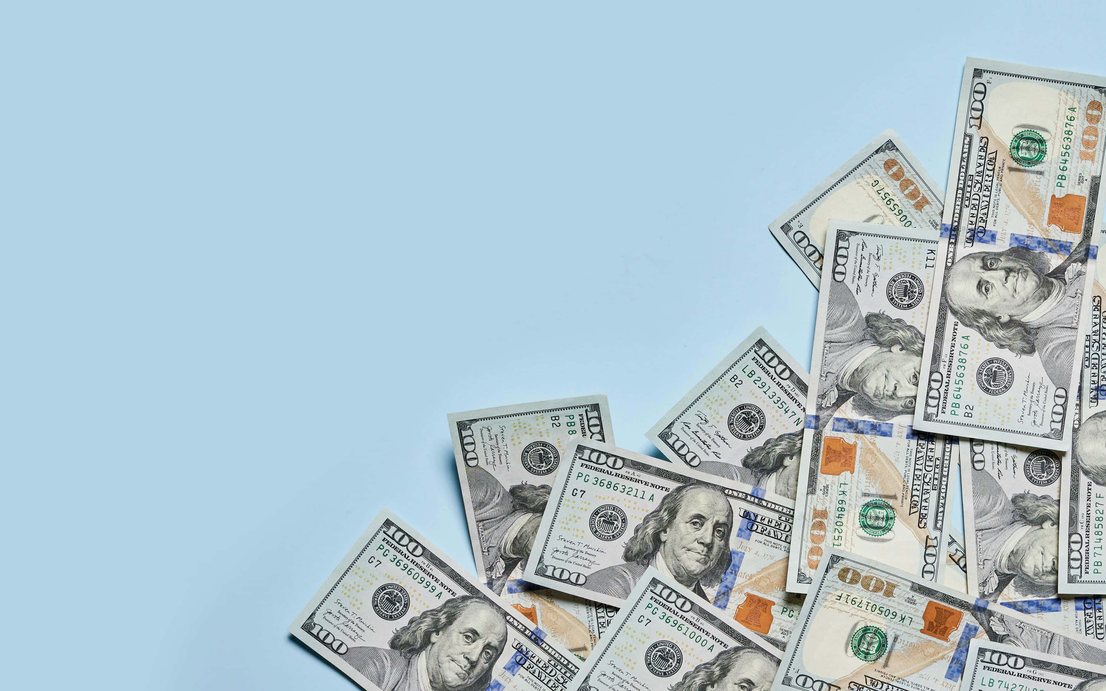 100 Dollar Bill, baby blue backdrop, hundred dollar bills, 4K Desktop Wallpaper