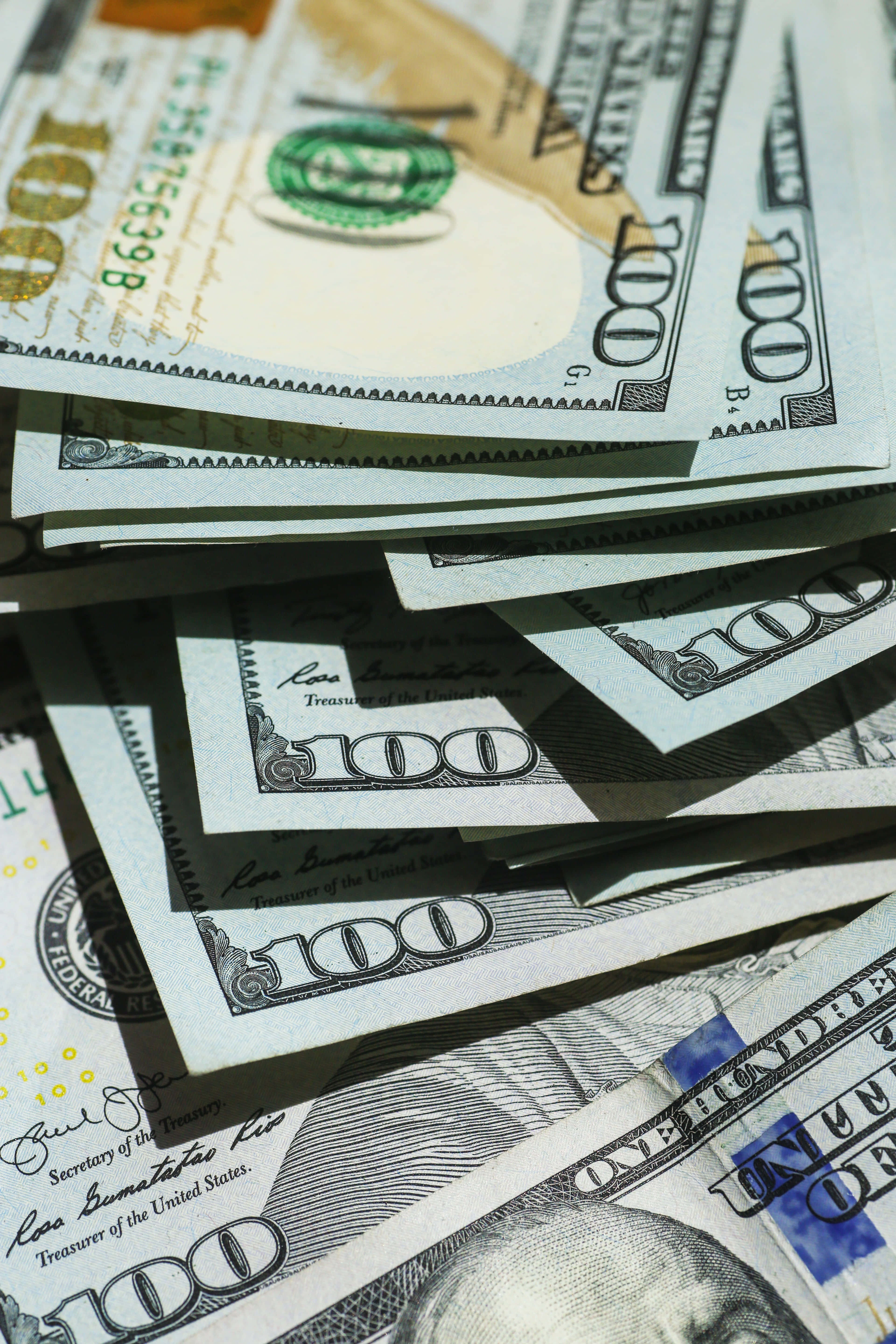 100 Dollar Bill, crumpled, stacked, 5K Phone Wallpaper