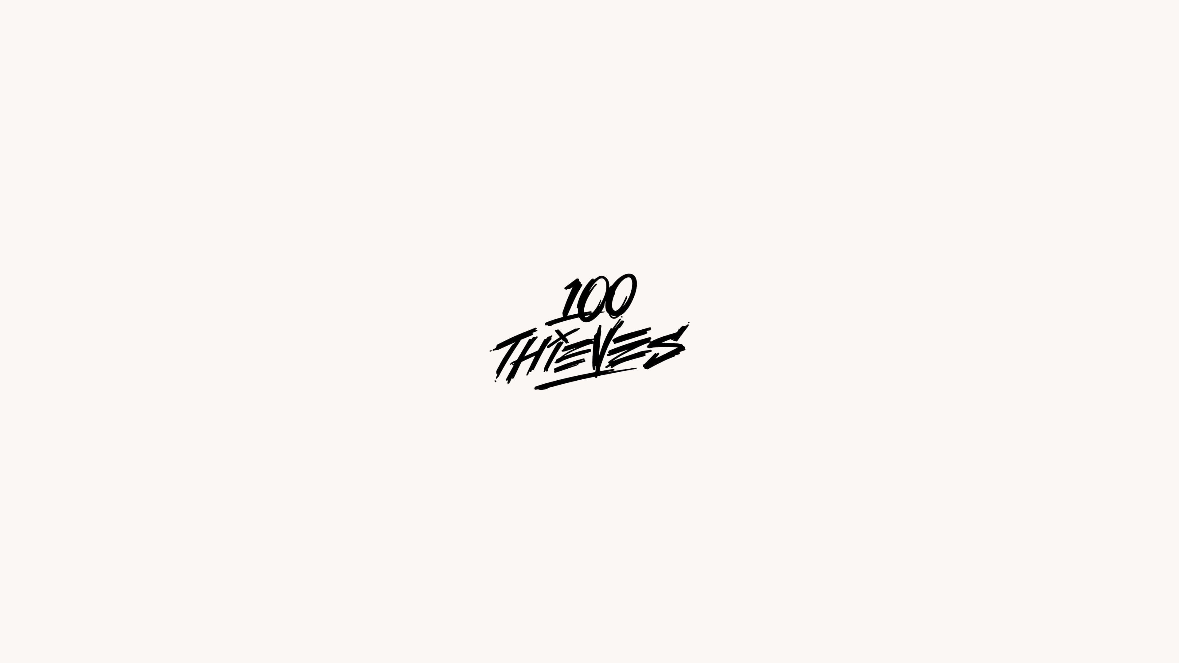 100 Thieves, black graffiti-style text, off-white background, 4K Desktop Wallpaper