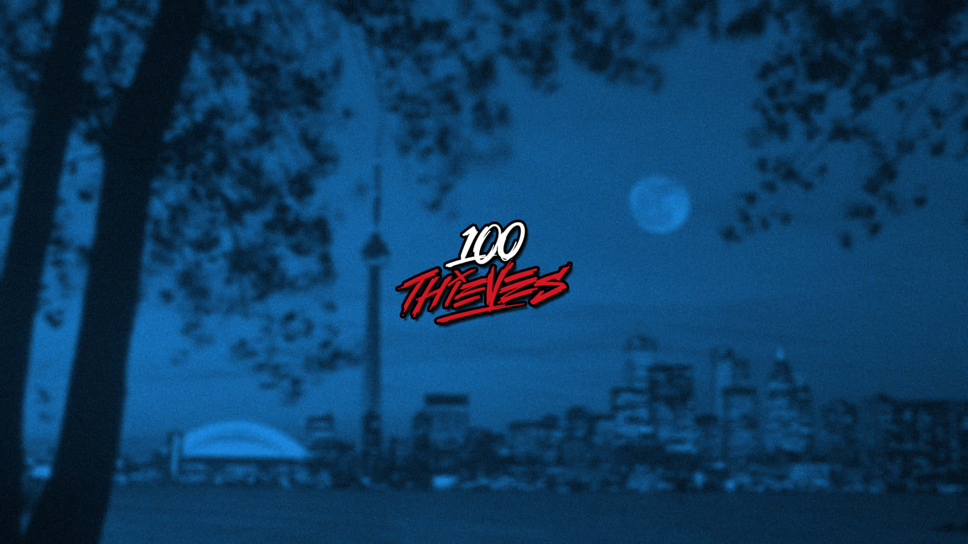 100 Thieves, blue-toned night cityscape, trees, Full HD Desktop Wallpaper