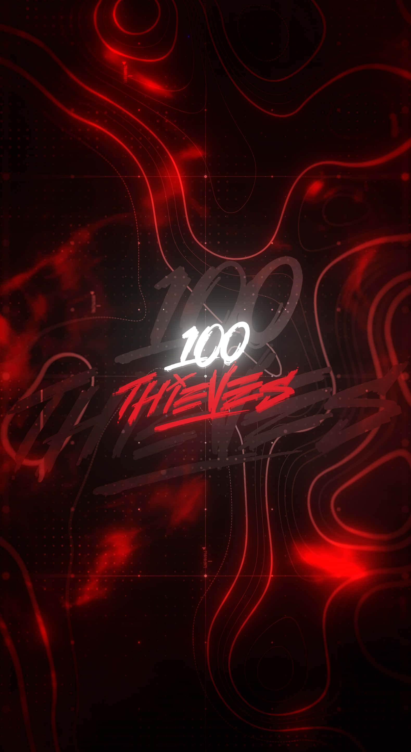 100 THIEVES, glowing red neon lines, dark digital grid background, 2K Phone Wallpaper