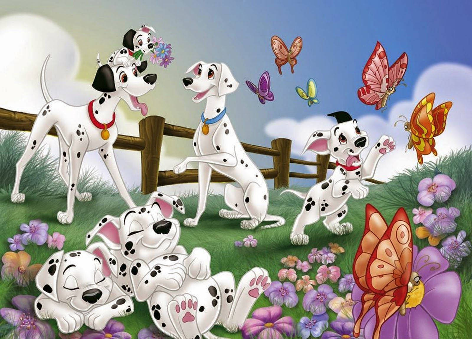 101 Dalmatians, Dalmatian puppies, purple flowers, HD Desktop Wallpaper