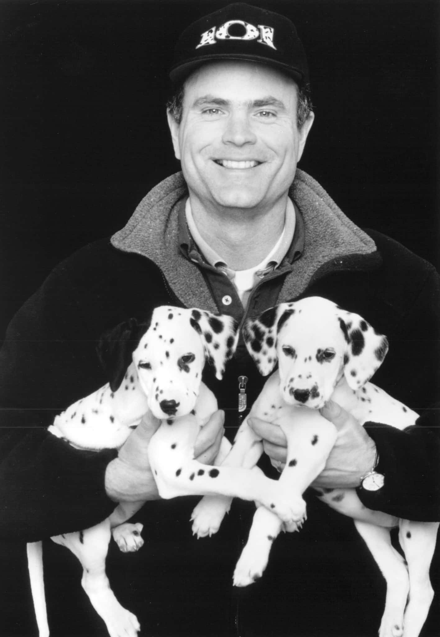 Dalmatian puppies, black and white photo, dark background, Full HD Phone Wallpaper