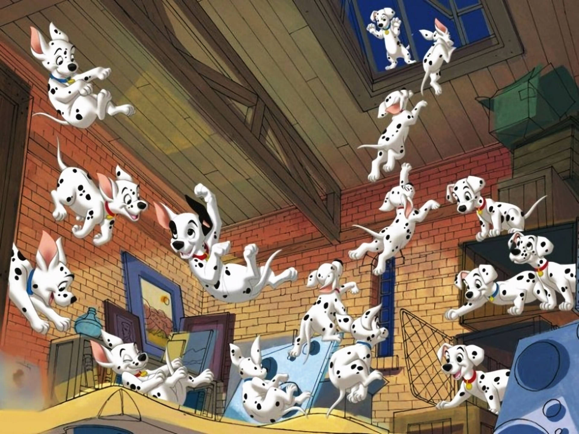 101 Dalmatians, dalmatian puppies, brick attic, Full HD Desktop Wallpaper