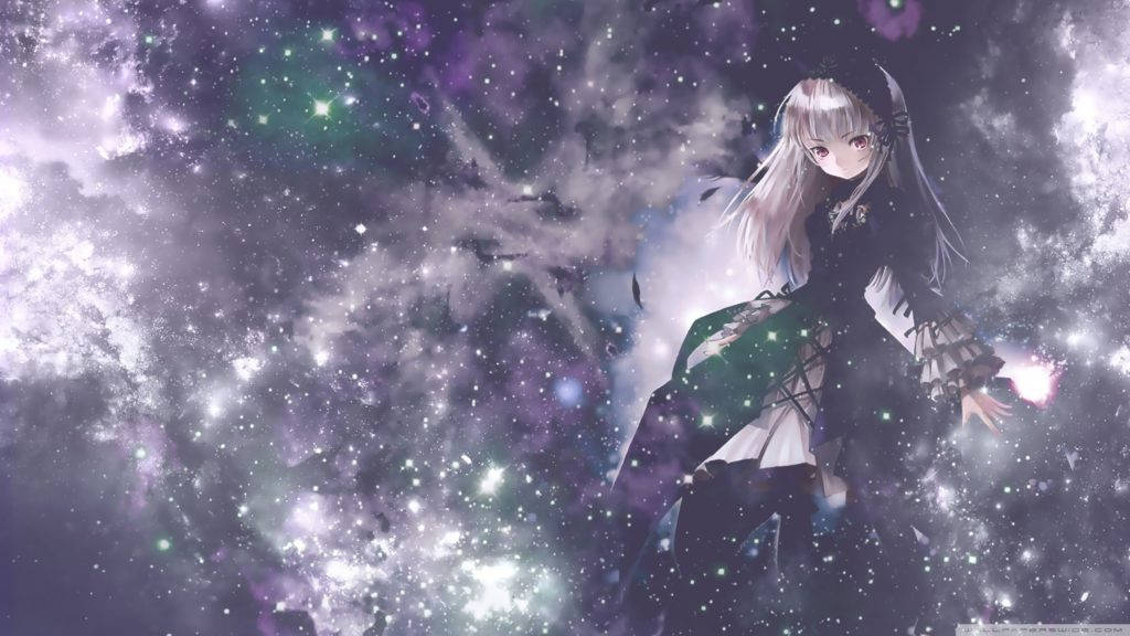1024x576, purple anime galaxy, silver-haired anime girl, SD Desktop Wallpaper