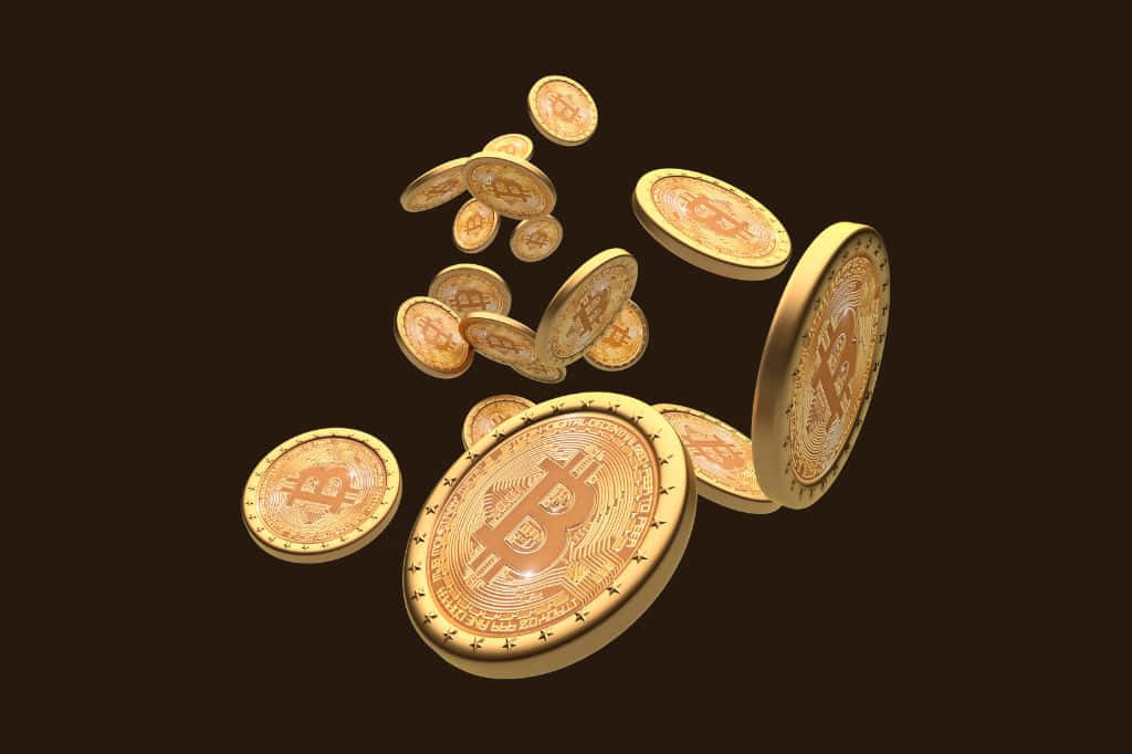 1024x682, golden Bitcoin coins, dark brown background, SD Desktop Wallpaper