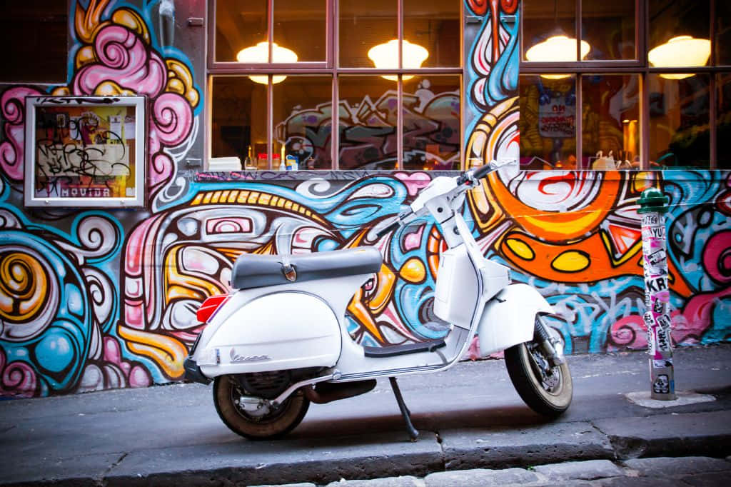 1024x682, vintage scooter, graffiti wall, SD Desktop Wallpaper