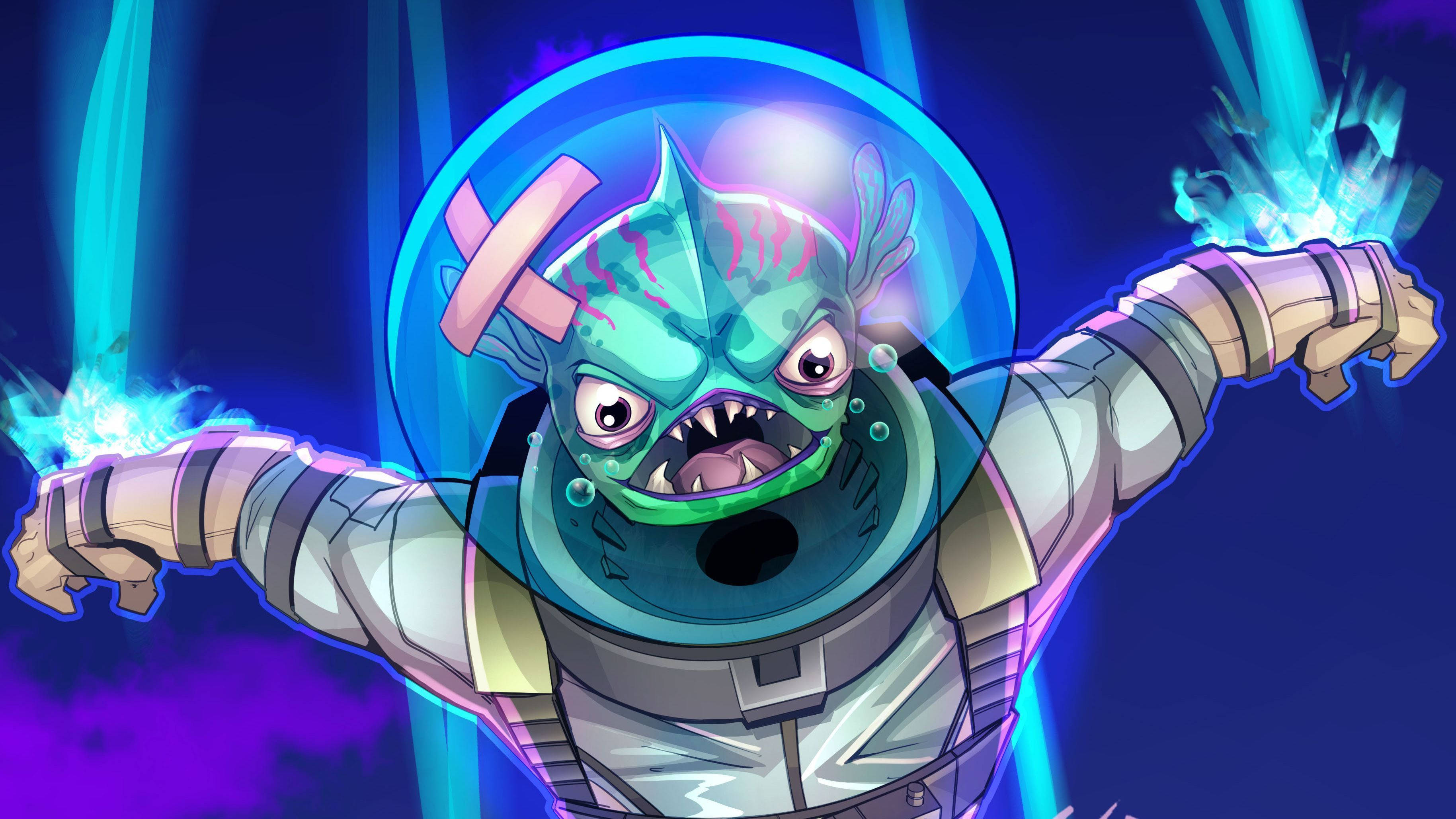 1080 Fortnite, green alien astronaut, glowing blue energy blasts, 2K Desktop Wallpaper