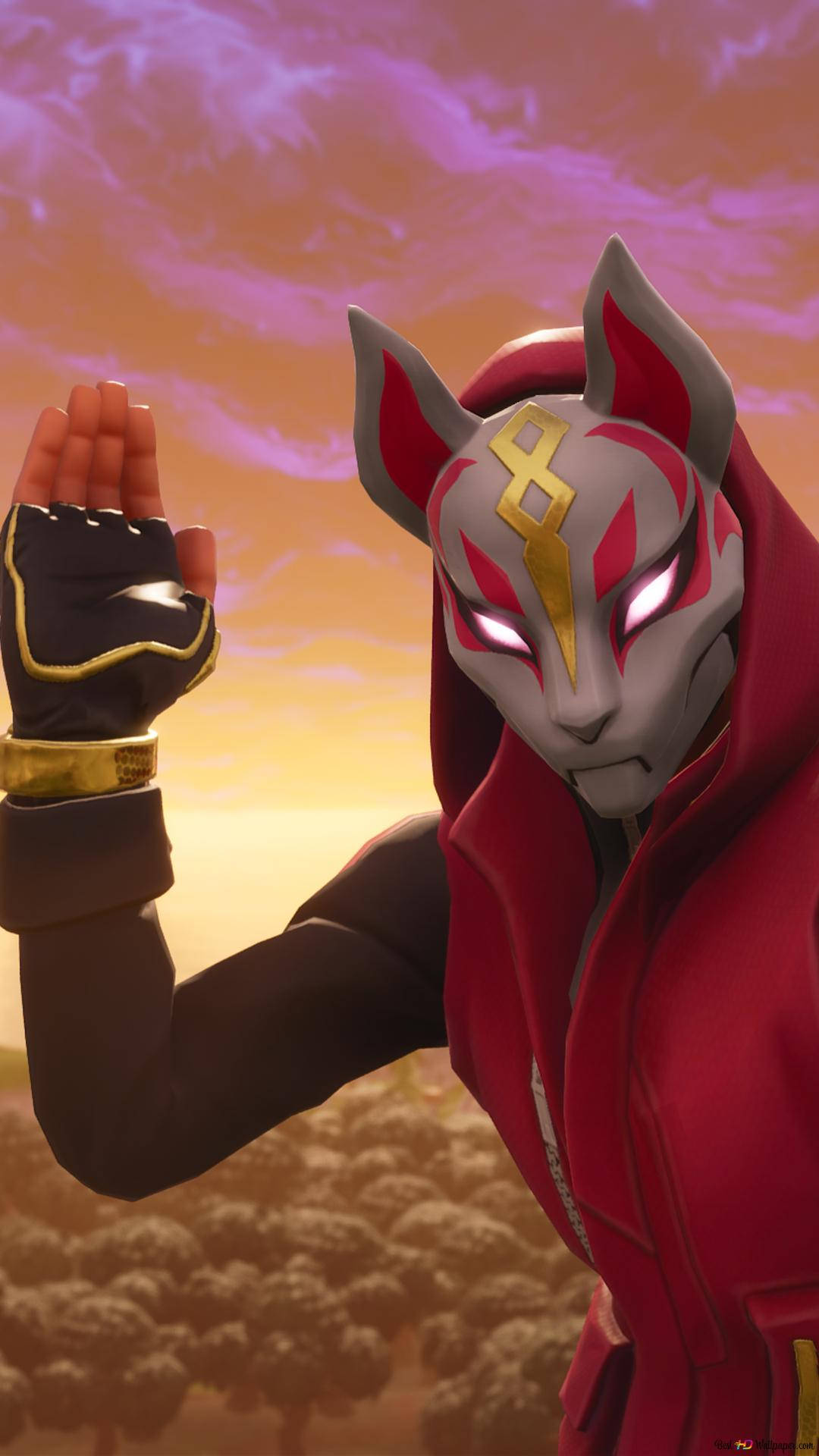 1080 Fortnite, red cloak, masked fox-like anime character, Full HD Phone Wallpaper