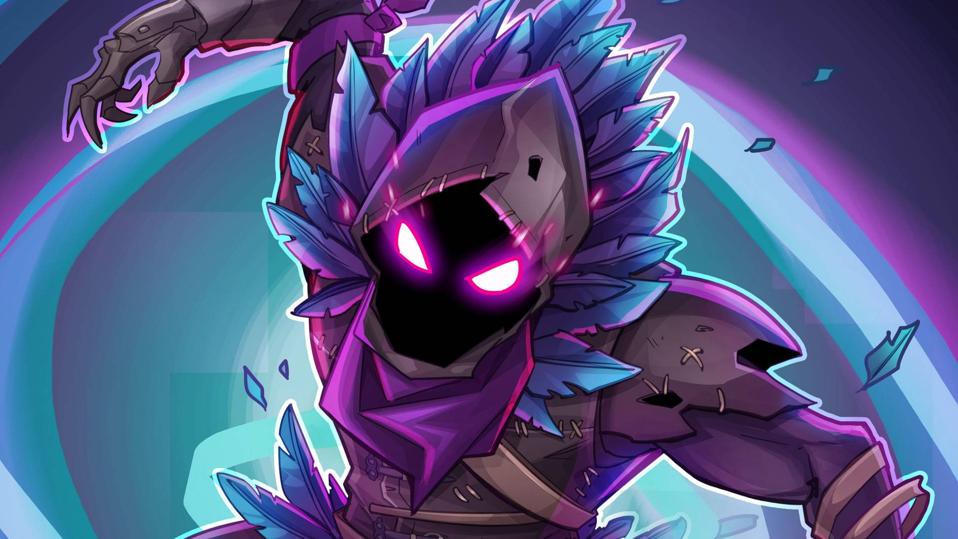 1080 Fortnite, purple armored figure, glowing pink eyes, Full HD Desktop Wallpaper