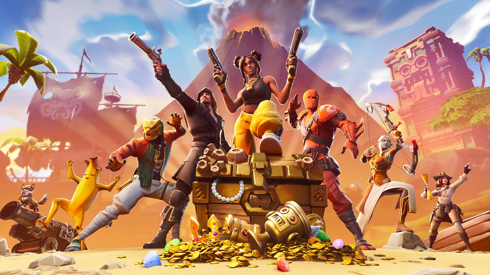 1080 Fortnite, Fortnite characters, treasure chest, Full HD Desktop Wallpaper