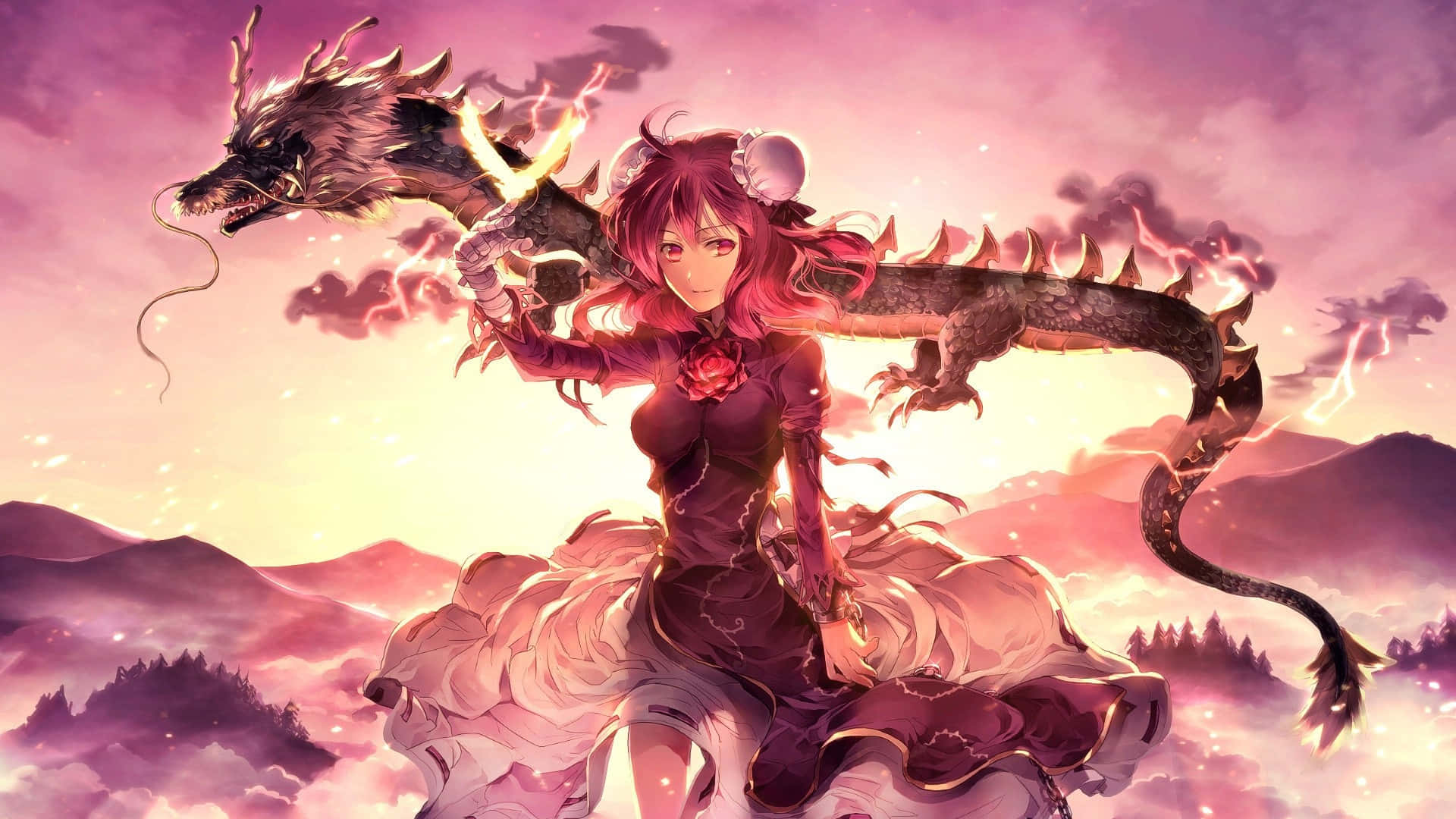 pink-haired anime girl, dark dress, fiery dragon, Full HD Desktop Wallpaper