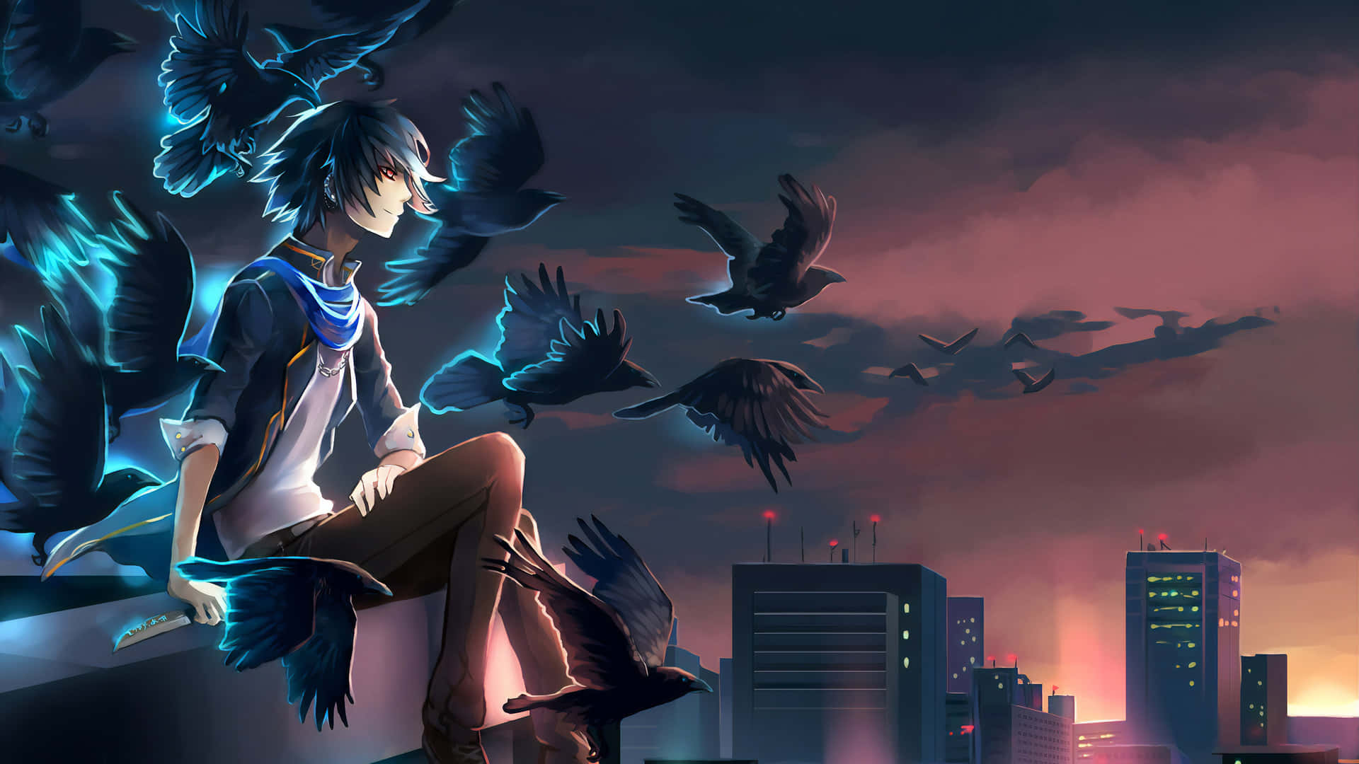 anime boy, glowing blue crows, twilight city skyline, Full HD Desktop Wallpaper