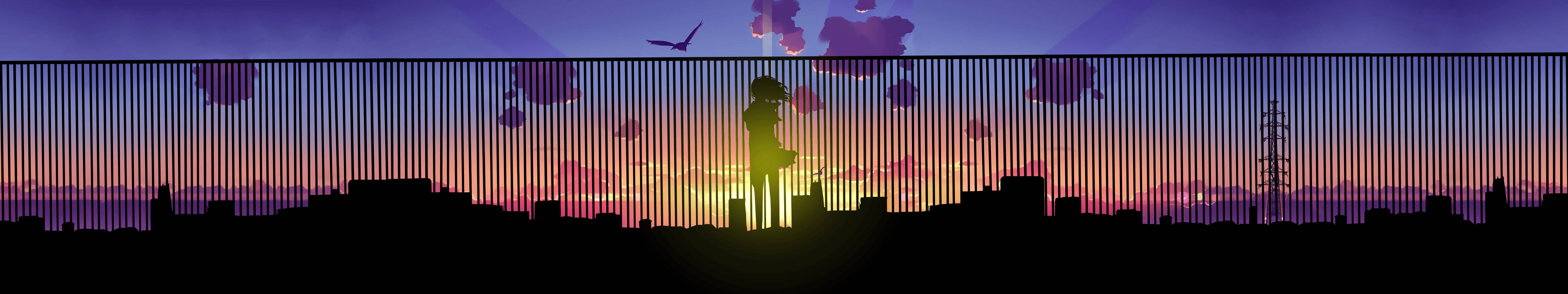 triple monitor anime, stylized city skyline, sunset, 5K Desktop Wallpaper