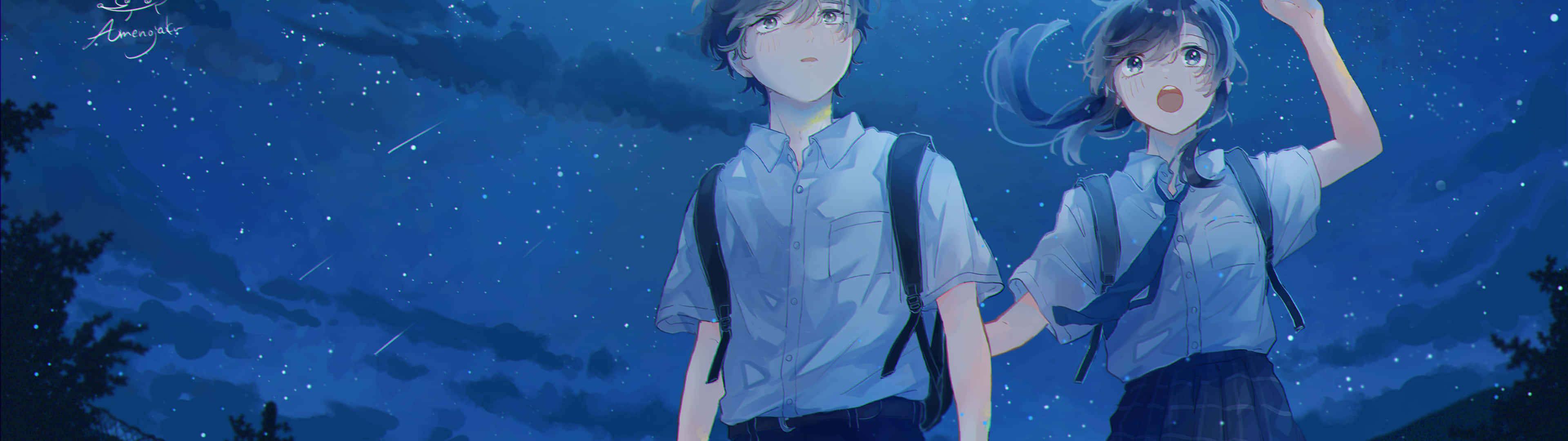 3840 x 1080, anime, starry night sky, 4K Desktop Wallpaper