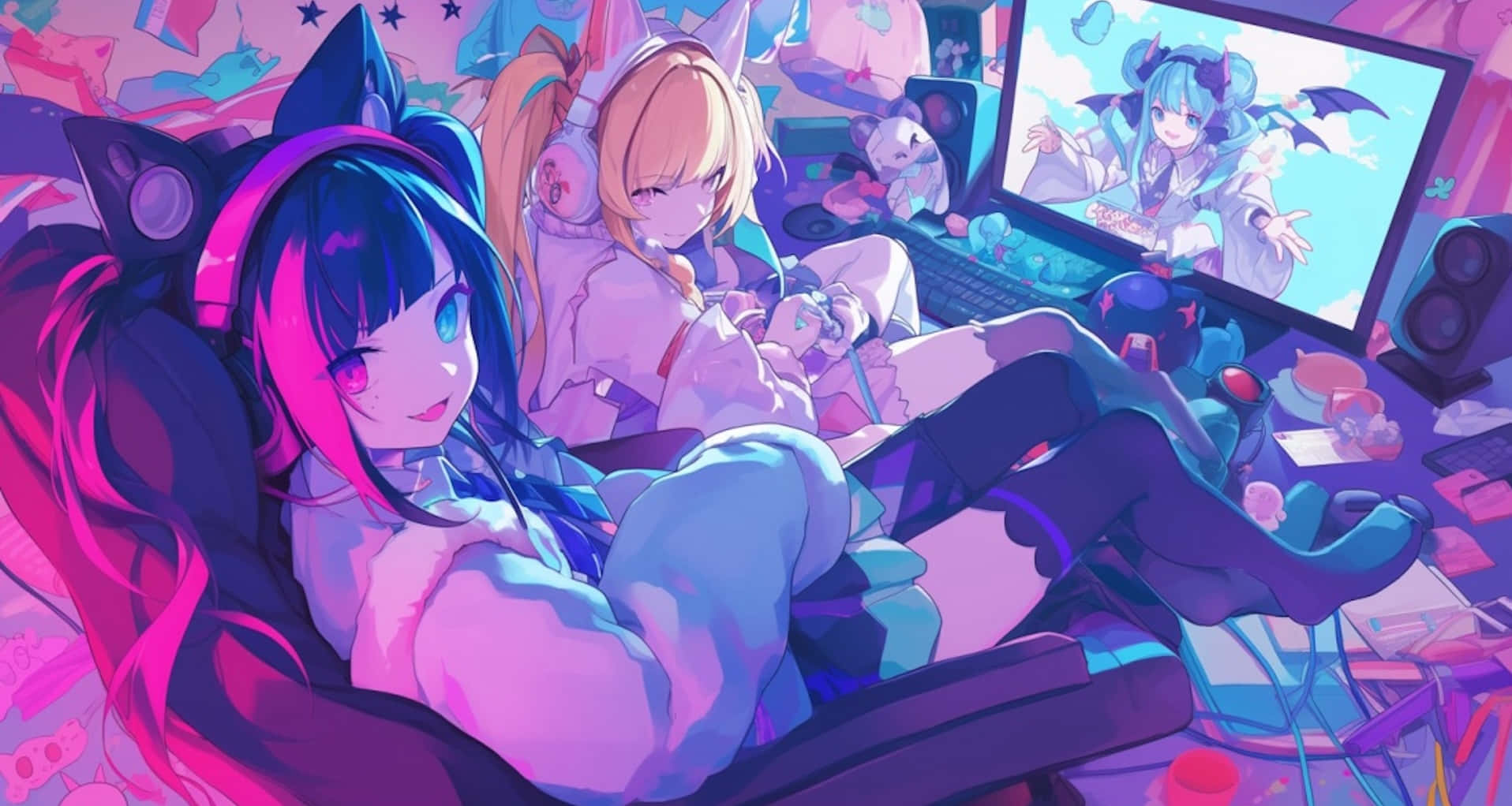 anime girls, cat ears, couch, HD Desktop Wallpaper