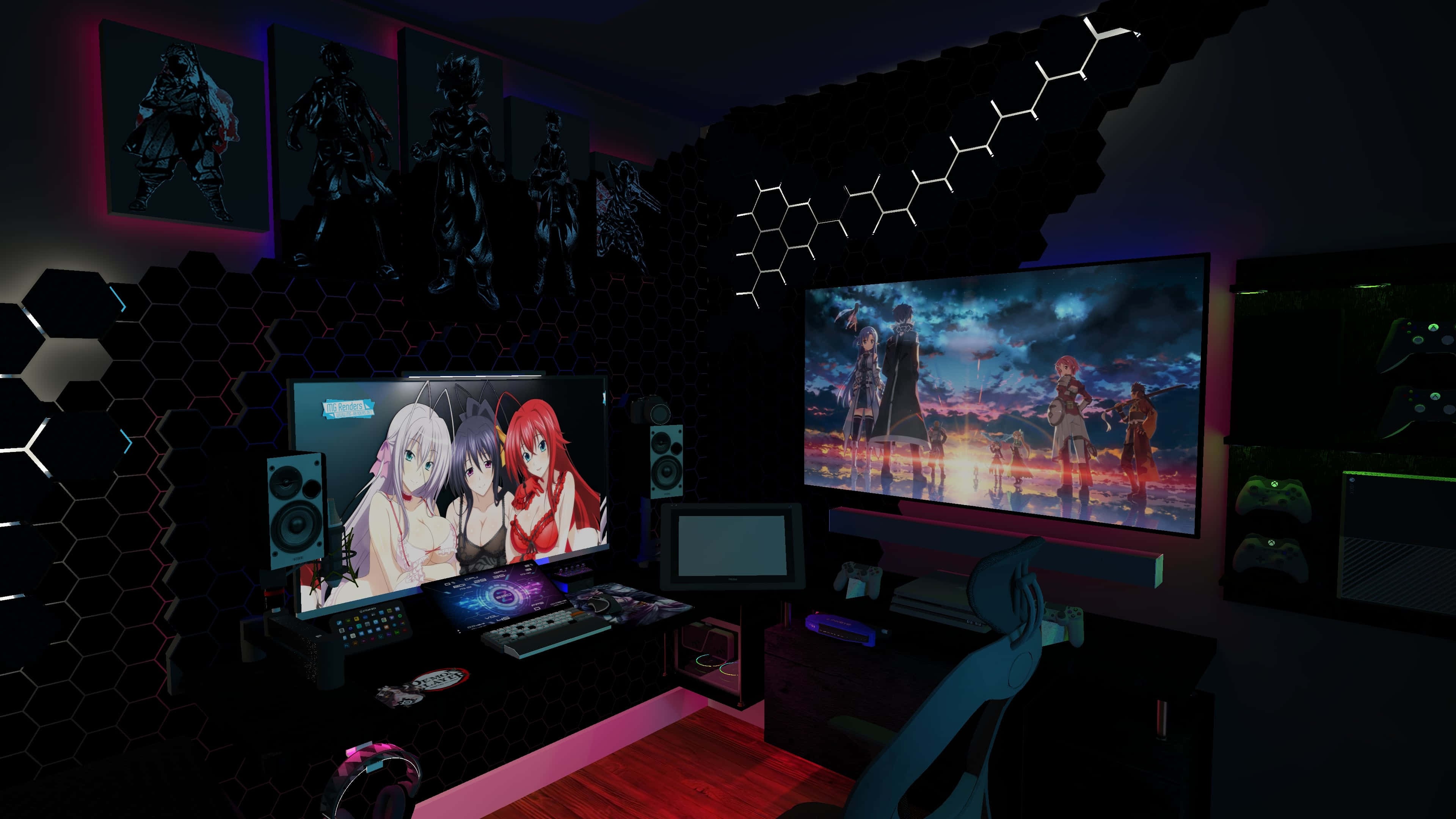 gaming room, hexagonal acoustic panels, glowing pink and purple, 4K Desktop Wallpaper