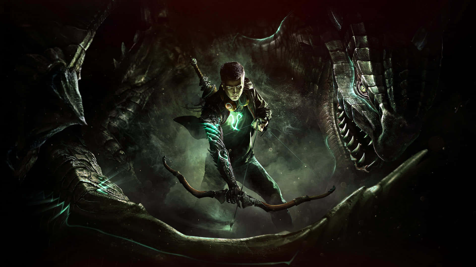 1080p Dragon, glowing green runes, bow, Full HD Desktop Wallpaper