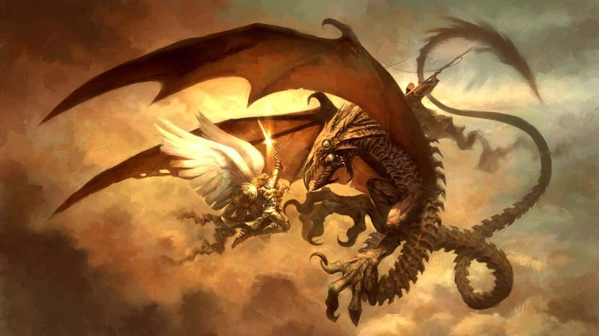 1080p Dragon, winged warrior, golden armor, Full HD Desktop Wallpaper