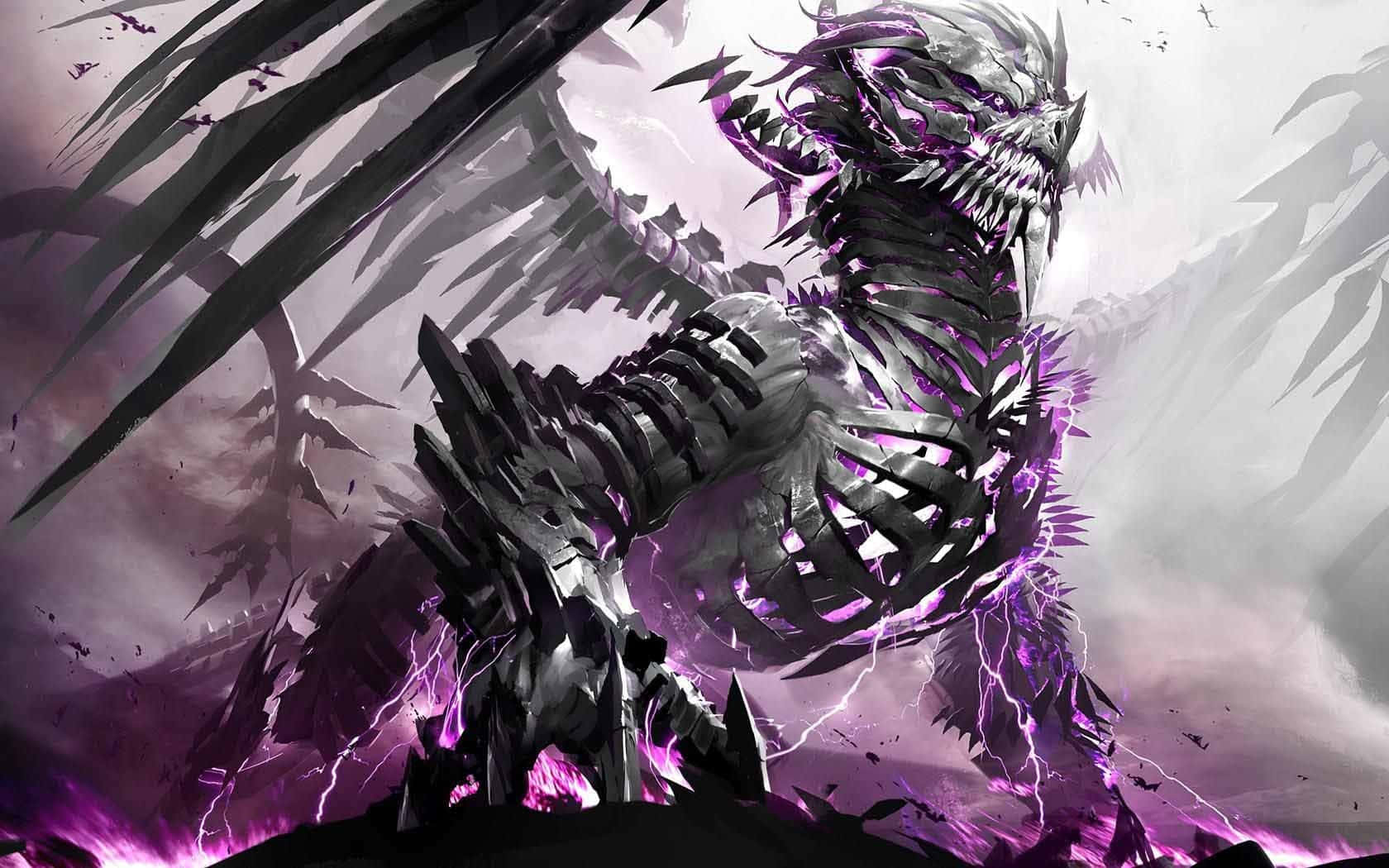 1080p Dragon, skeletal dragon, glowing purple energy, HD Desktop Wallpaper