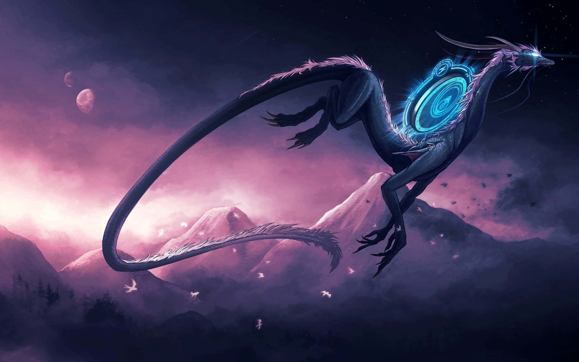 dark dragon, glowing blue spiral armor, misty purple mountains, Full HD Desktop Wallpaper