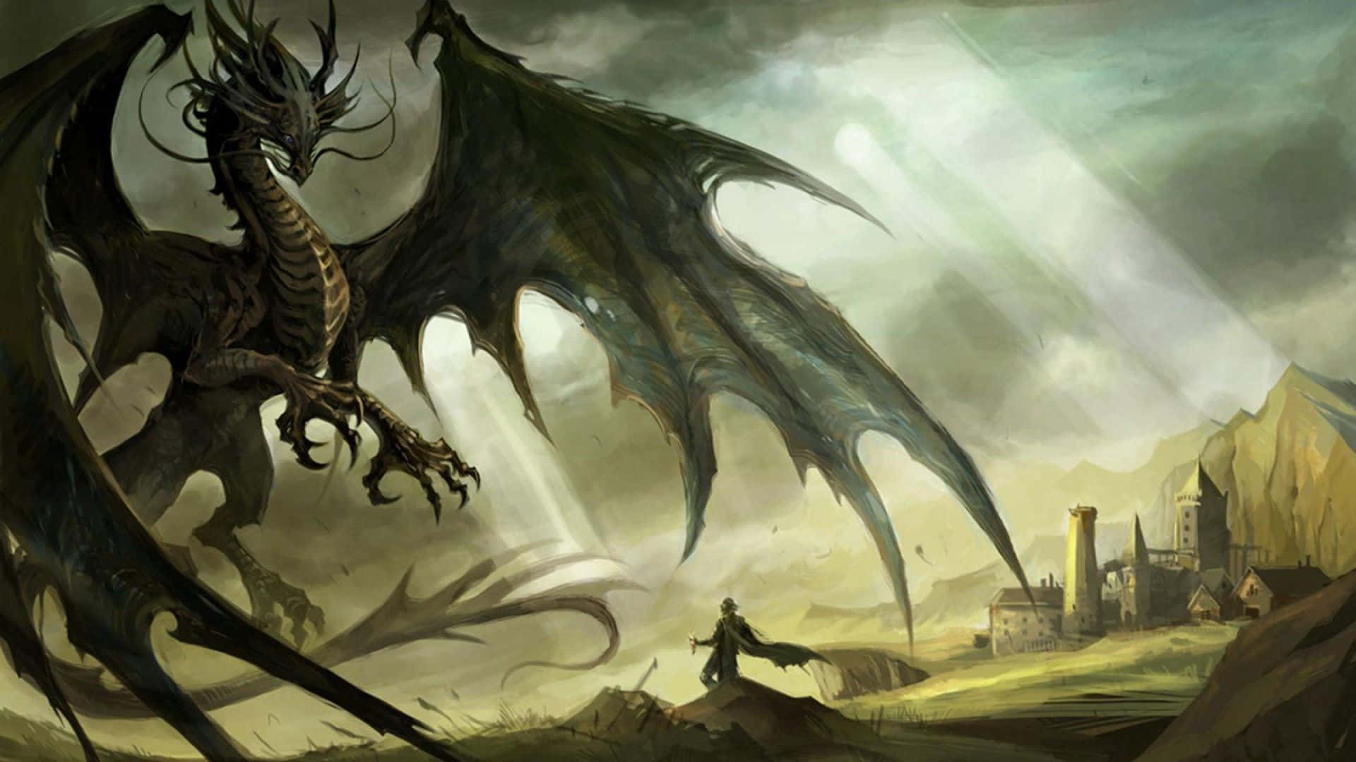 1080p Dragon, dark dragon, medieval village, Full HD Desktop Wallpaper