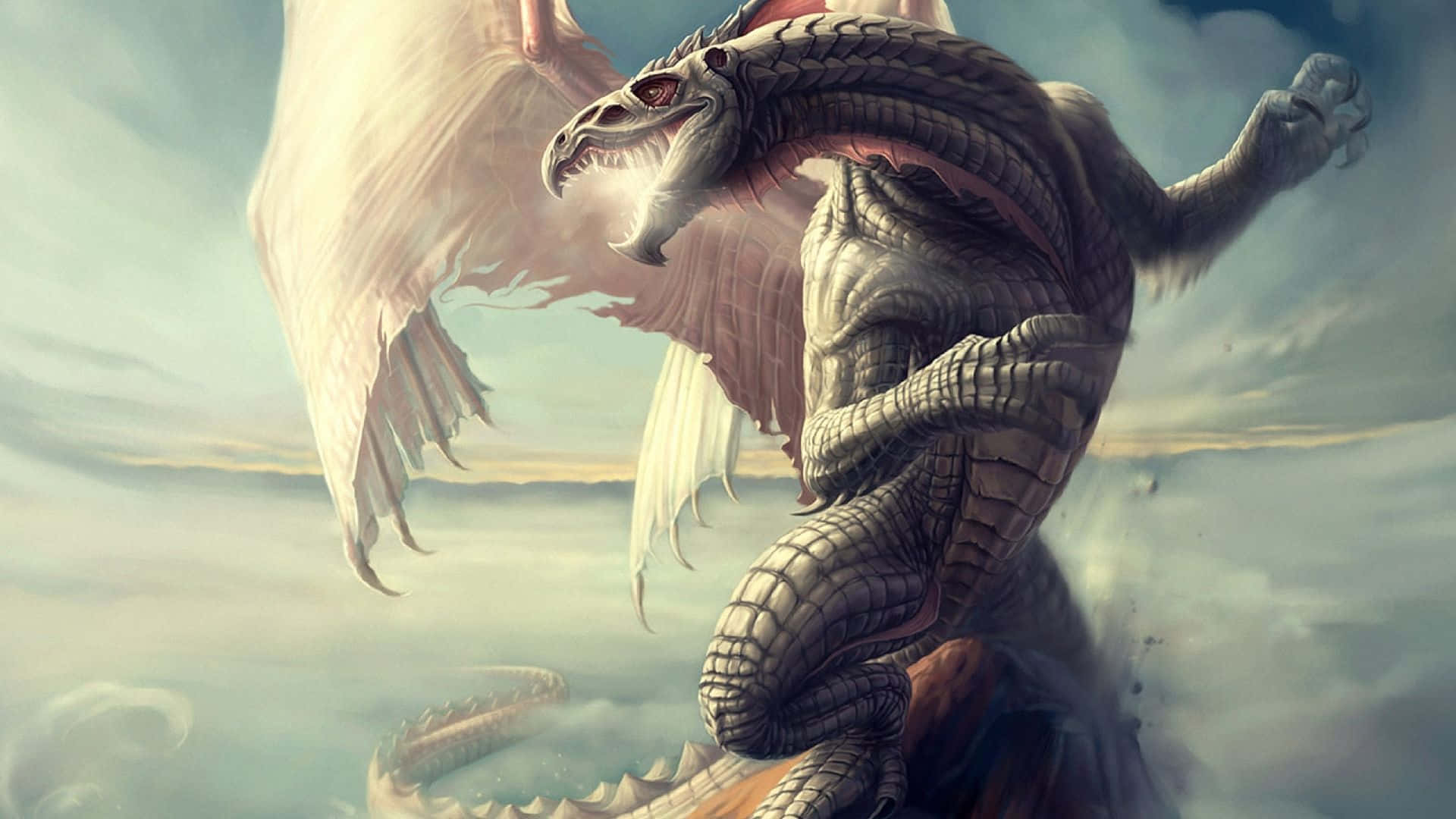 1080p dragon, white-winged dragon, red eyes, Full HD Desktop Wallpaper