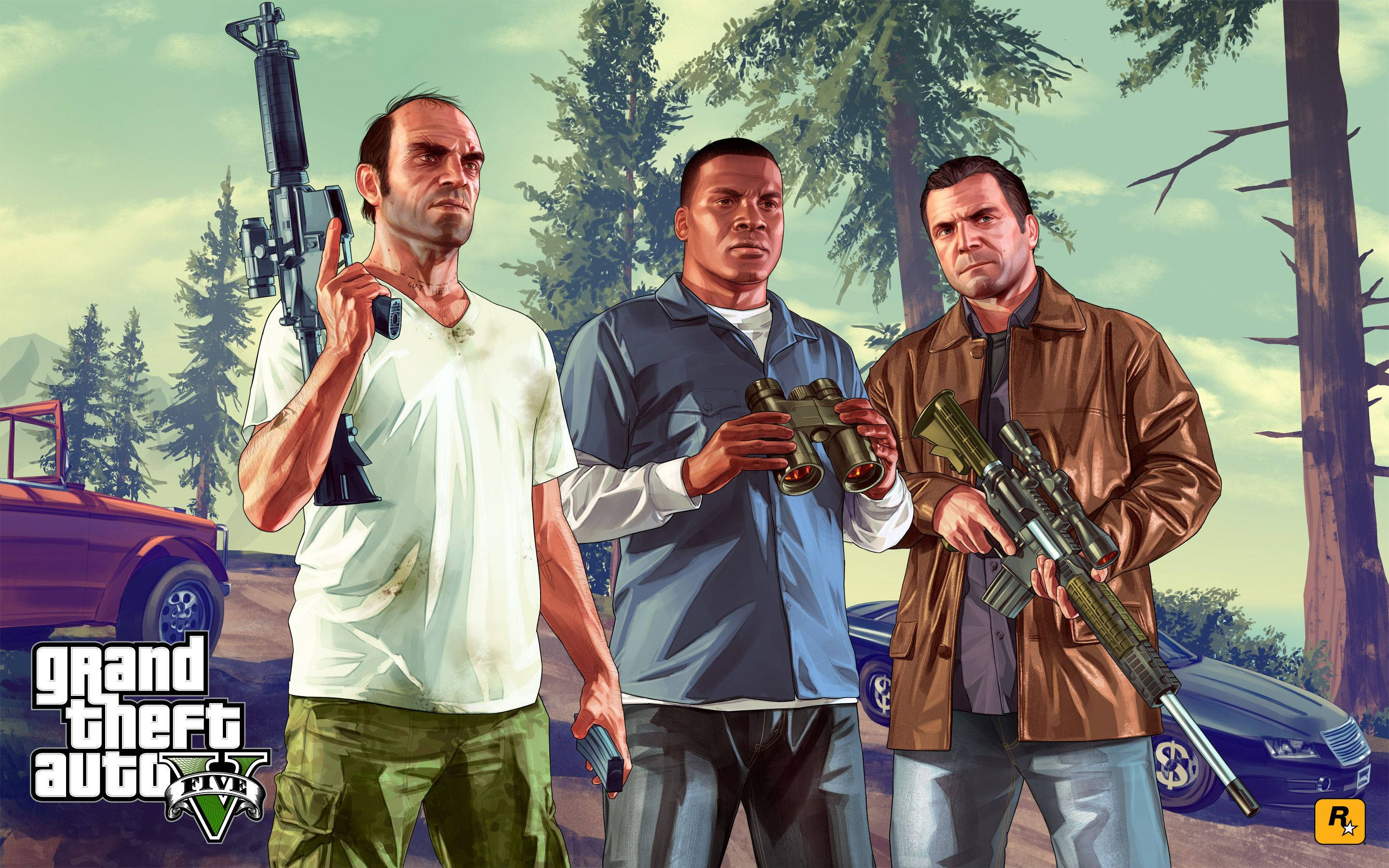 GTA 5, playable characters, forest, 2K Desktop Wallpaper