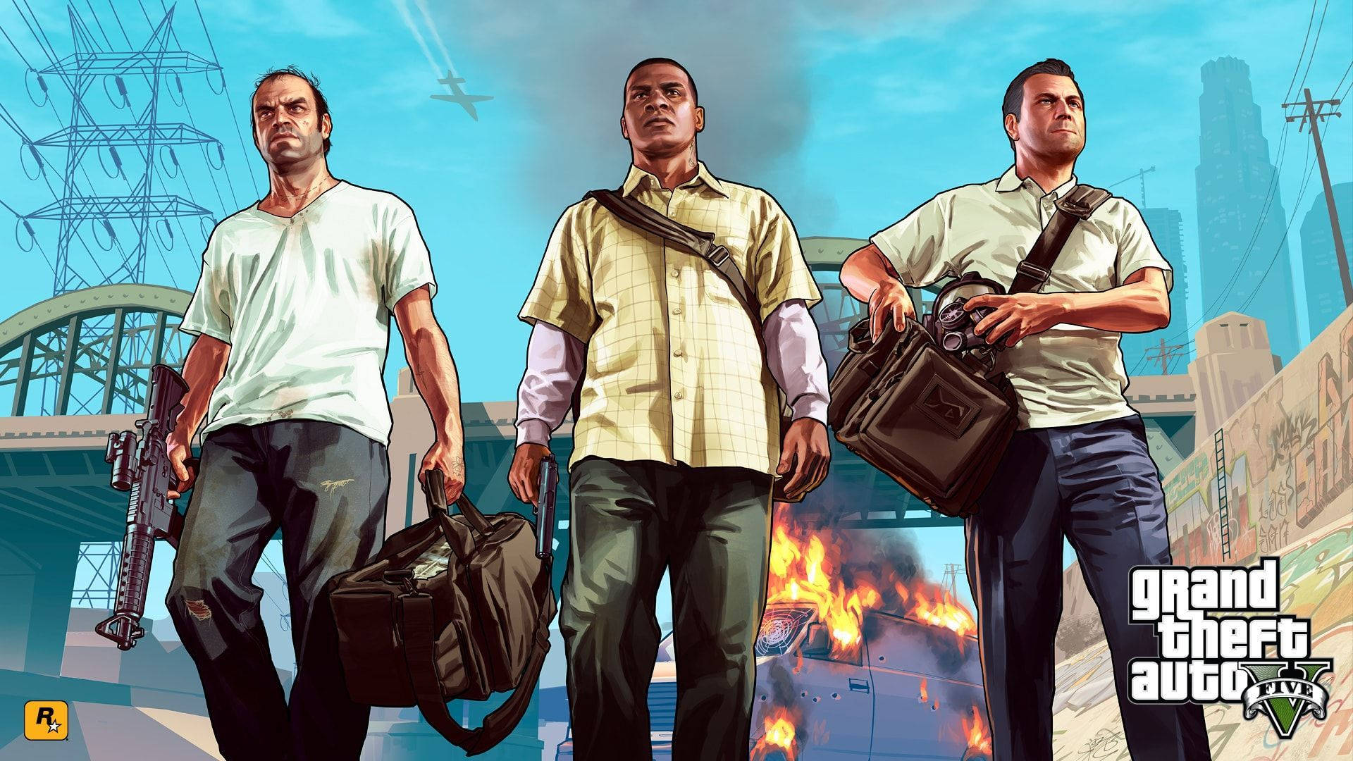 GTA 5, main characters, burning urban setting, Full HD Desktop Wallpaper