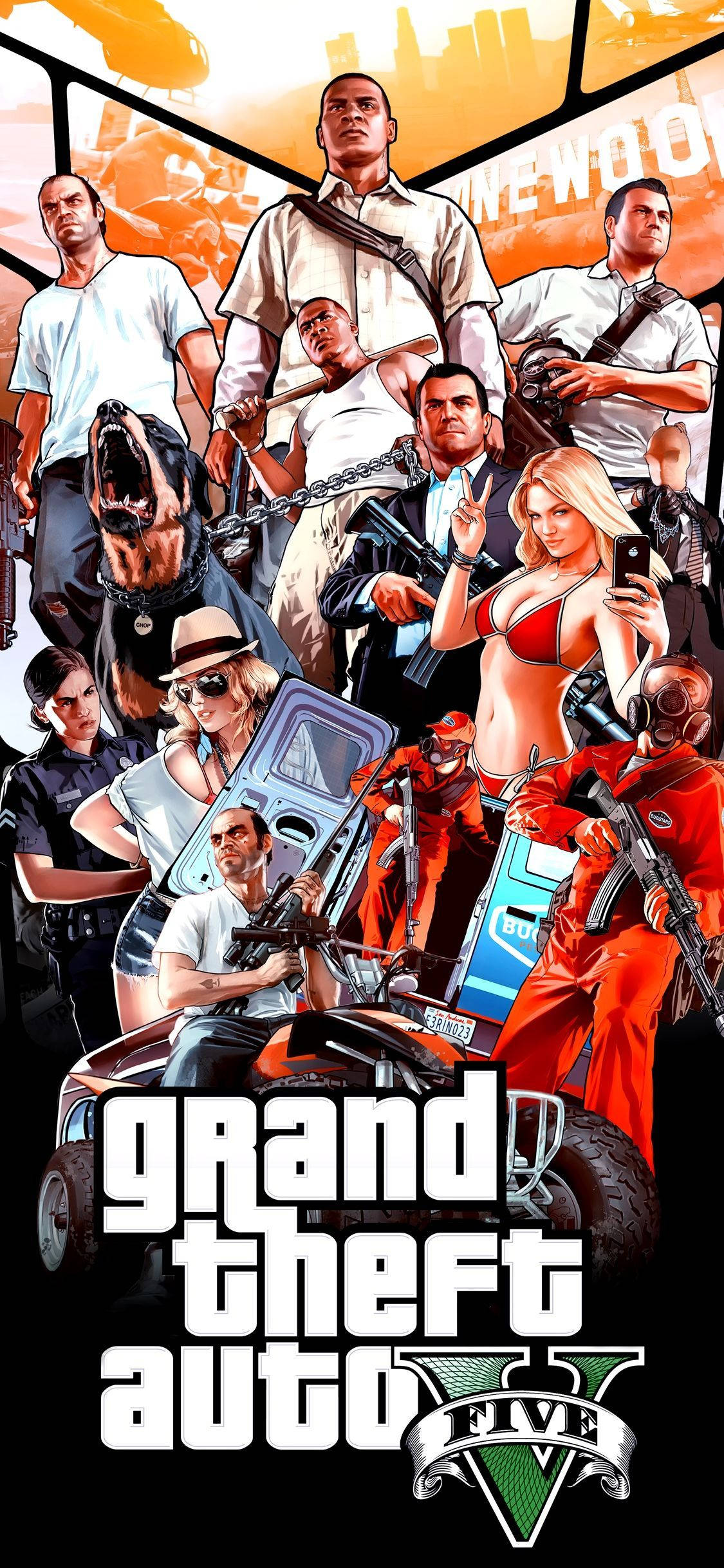 GTA 5, GTA V characters, action poses, Full HD Phone Wallpaper