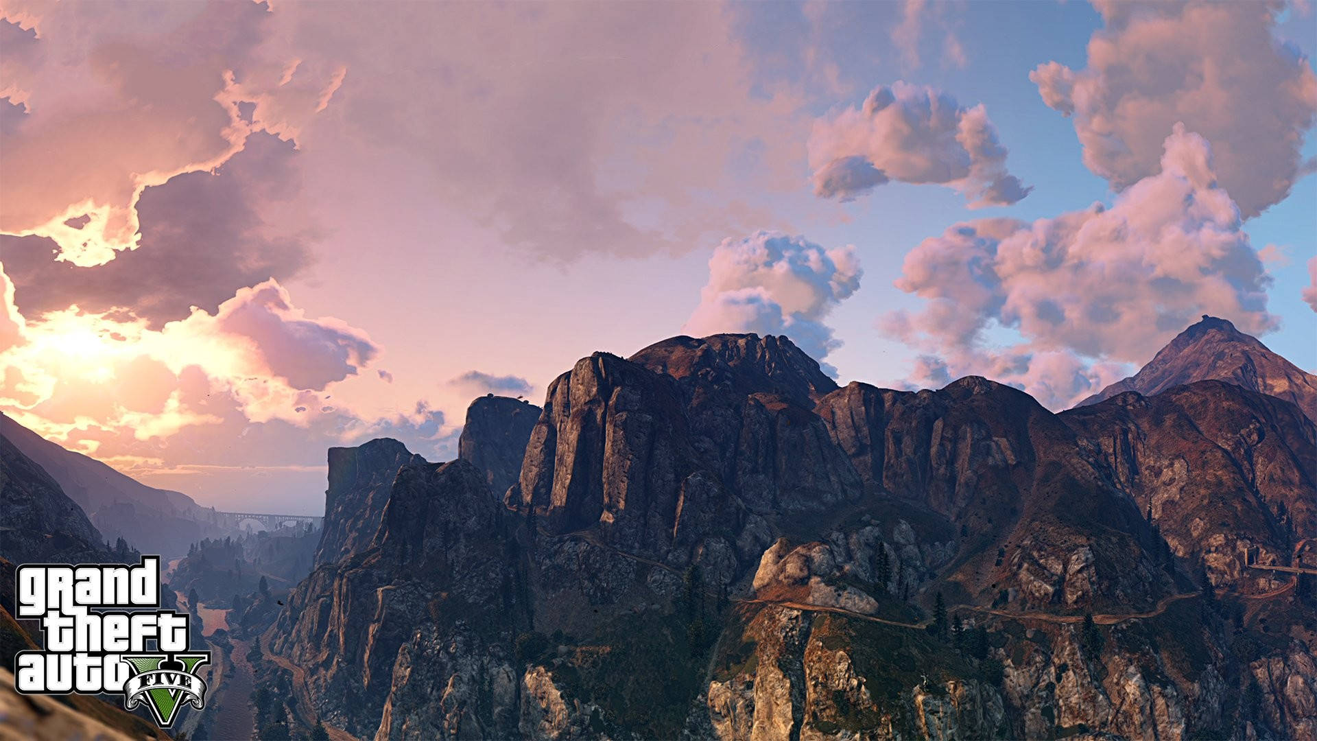 1080p GTA 5, mountain range, pink sunset, Full HD Desktop Wallpaper