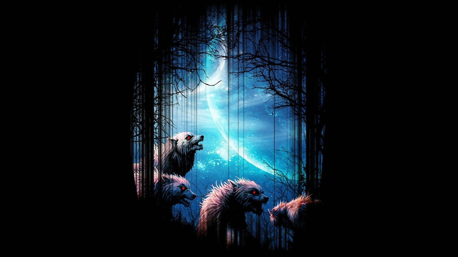 angry red-eyed wolves, crescent moon, dark forest, Full HD Desktop Wallpaper